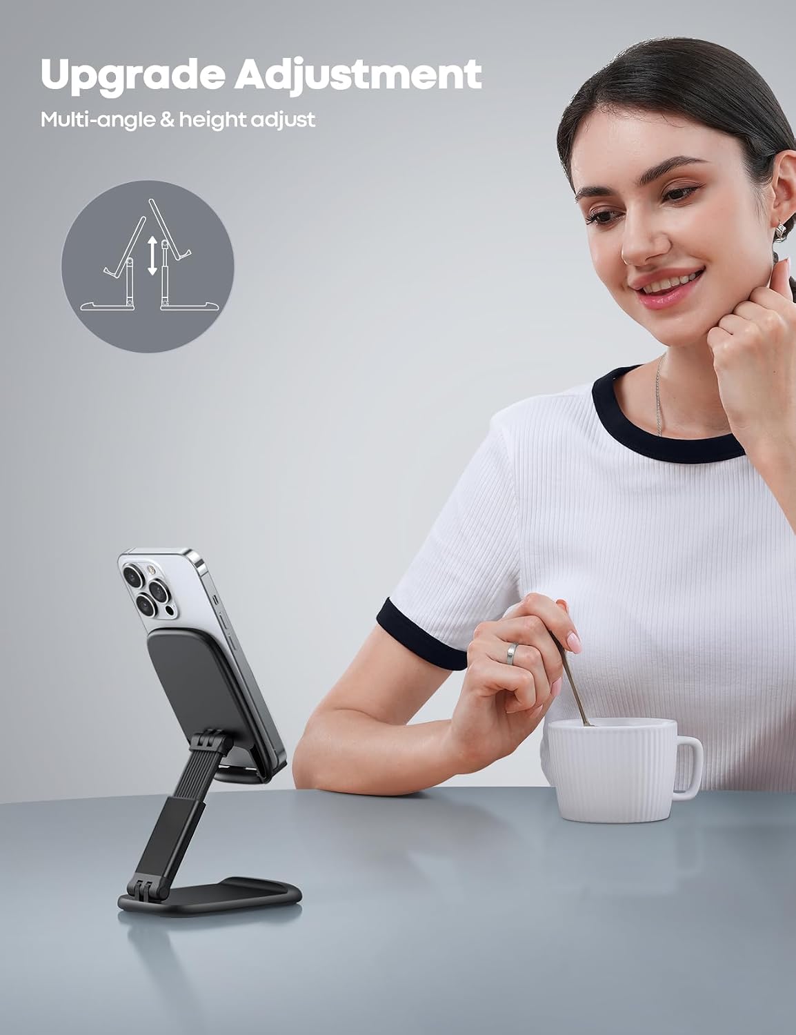 Lamicall Cell Phone Stand for Desk, Height Angle Adjustable Phone Holder | Foldable, Portable, for iPhone 17 16 15 14 13 12 11 Pro Max Plus Air Galaxy S25, Office Gift, Telephone Accessories, Black