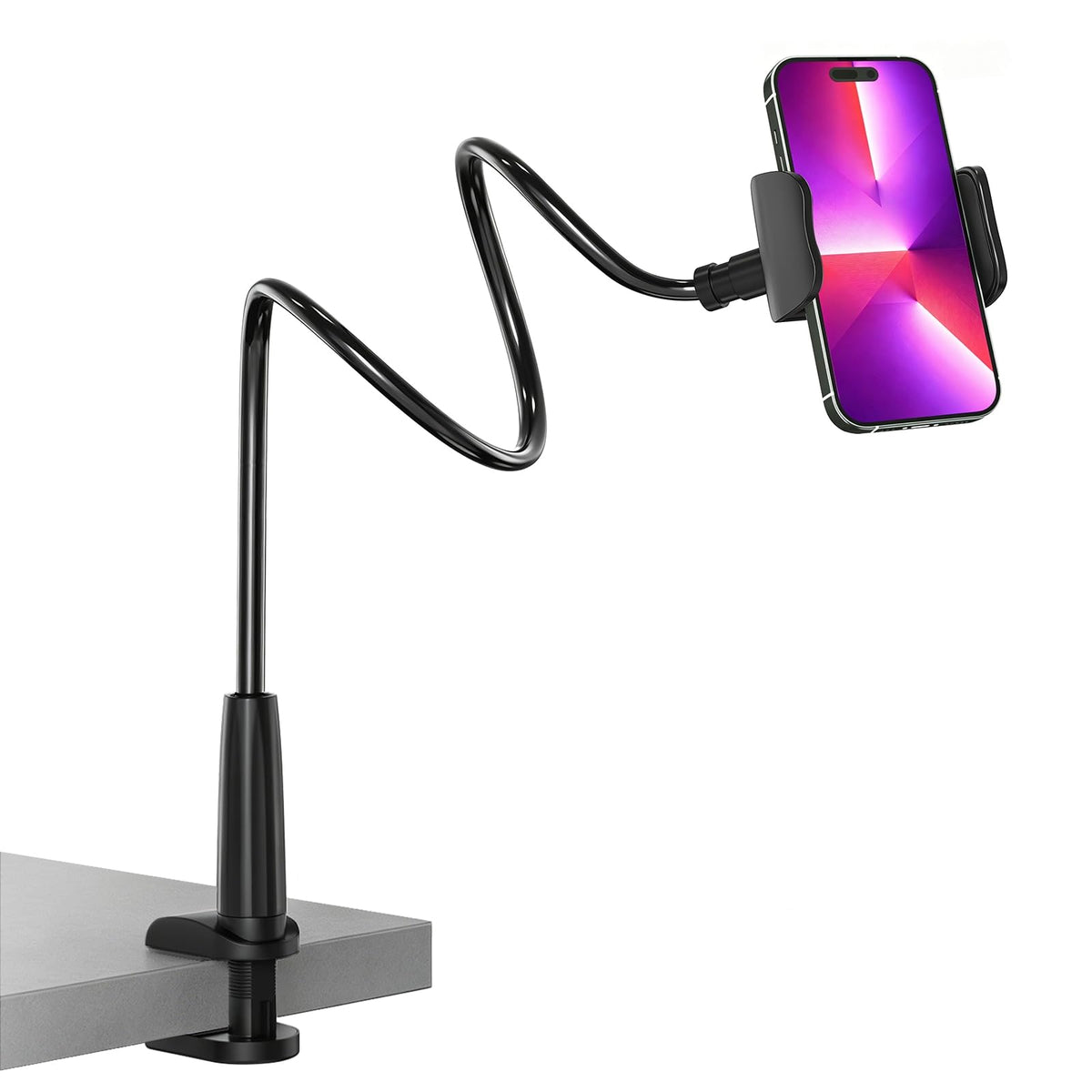 Gooseneck Phone Holder for Bed, Flexible Overhead Cell Phone Mount for Desk, Hands-Free Viewing Clamp Stand Compatible with iPhone 17 16 15 Pro Max and 3.5-7" Devices