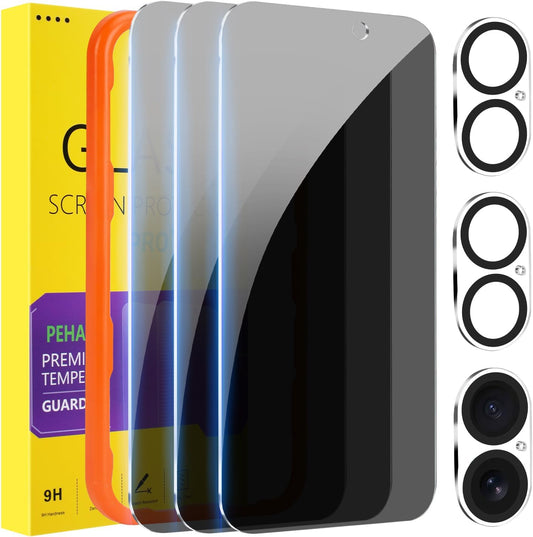 PEHAEL for iPhone 16 Privacy Screen Protector+Camera Lens Protector | 3+3 Pack, Installation Frame, Cleaning kits, Anti-Spy Private, Anti-Scratch, 9H Tempered Glass, Case Friendly, [6.1 inch]