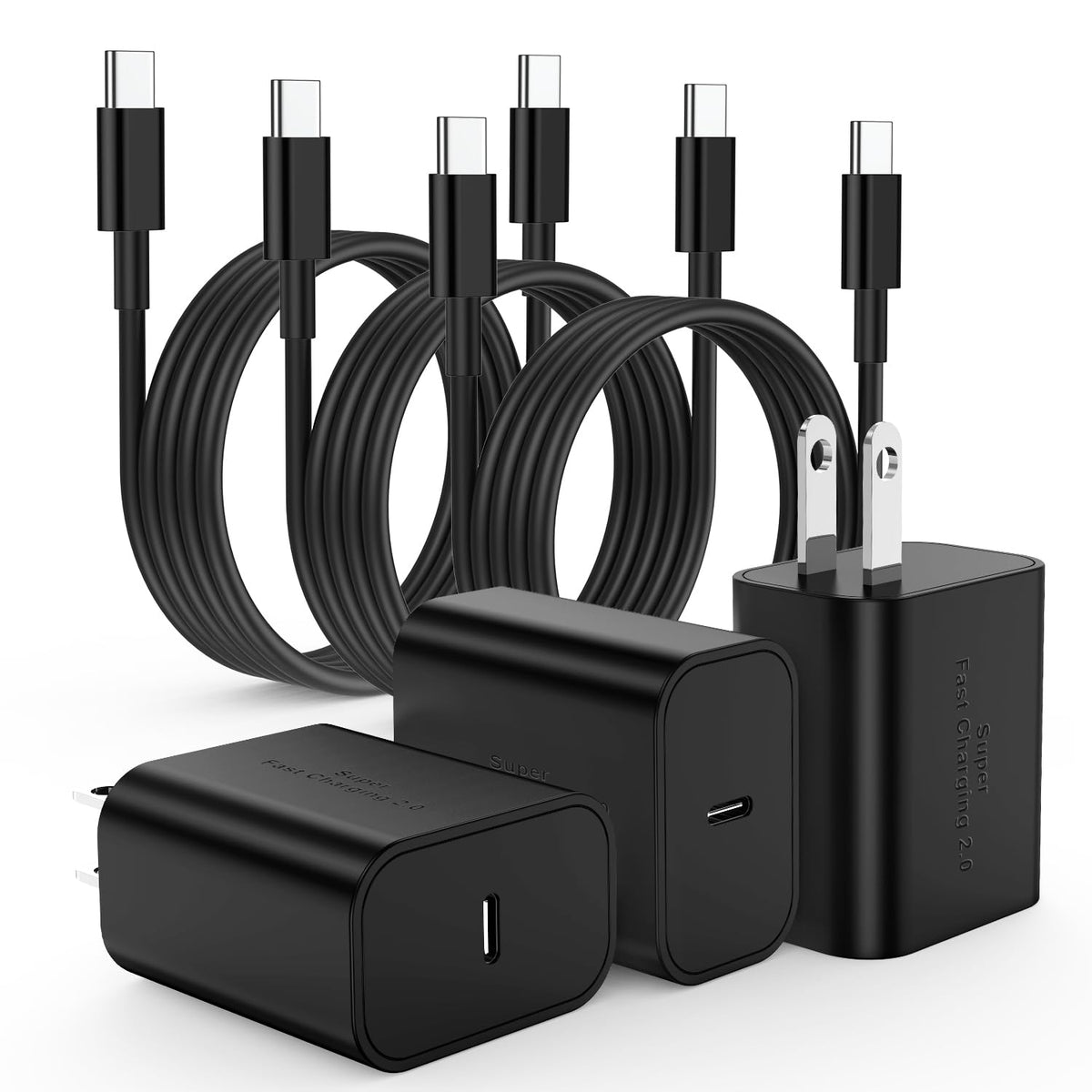 Type C Charger Fast Charging,4Pack 25W Super USB C Fast Charger Block | with 6ft+10ft USB-C Cables ×2 for Samsung Galaxy S26 S25 S24 S23 S22 S21 Plus/Ultra, for iPhone 17 16 15,Android Phones,Black