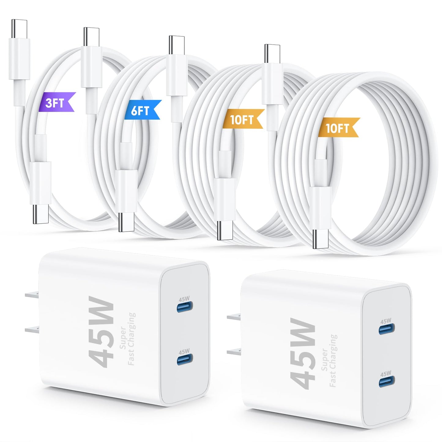 QZIIW Super Fast Samsung Charger Type C,45W Dual Port USB C Fast Charger | Extra Long 60W 3/6/10/10FT USB C Cable - [2-Pack]PD Quick Charging 3.0 For Samsung Galaxy S26 S25 Ultra/S24+/S23 iPhone 17 16