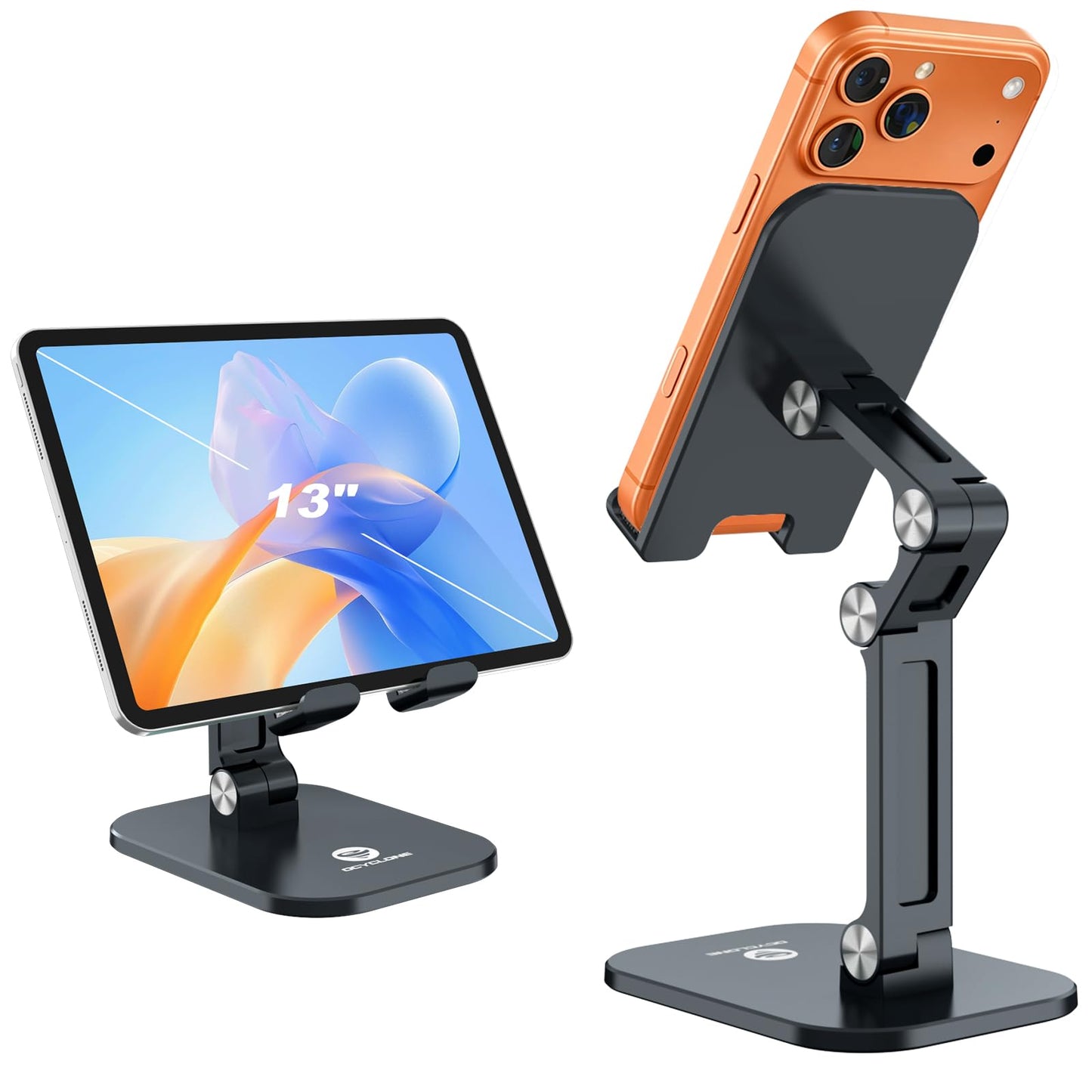 Phone Stand, Foldable Cell Phone Stand Holder for Desk Office Accessories Adjustable Height and Angle iPhone Stand Compatible with 4"-13" Phones iPad Tablet - Black