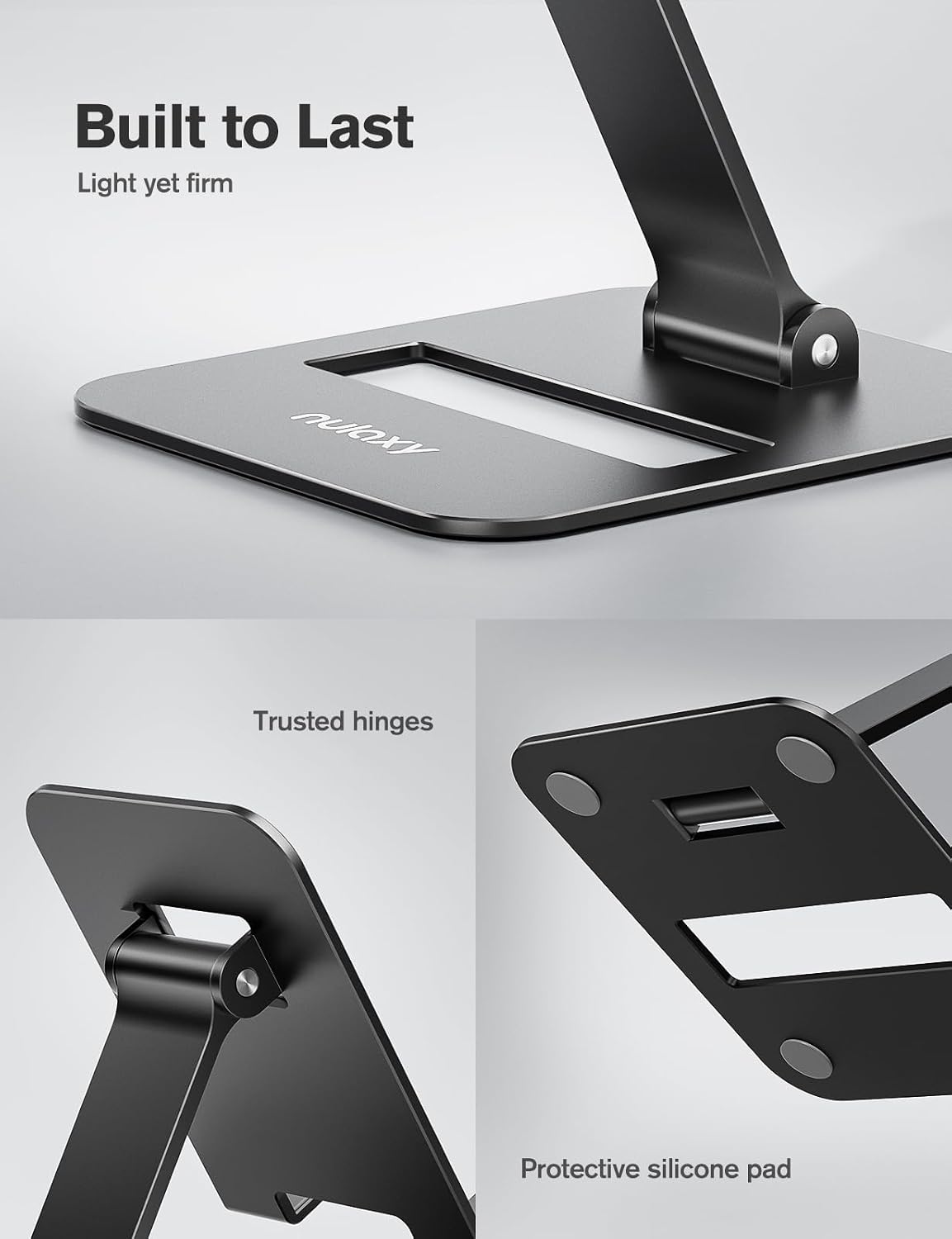 Nulaxy 2 Pcs Aluminum Dual Folding Cell Phone Stand for Desk Black&Rosegold | Height Angle Adjustable, Portable, Anti-Slip Base Phone Holder Fits 16mm Thick Case 4-8" Smartphone Desk Essential Accessory