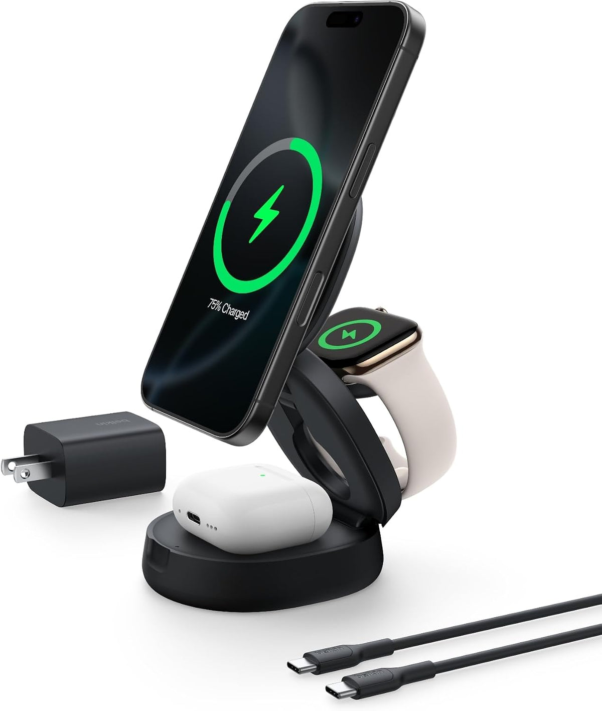 Belkin Qi2 15W Wireless Fast Charging Station, 3 in 1 iPhone Charger | Fast Charging, MagSafe Compatible, iPhone 17/16/15, Apple Watch, AirPods, Travel Charger, Magnetic