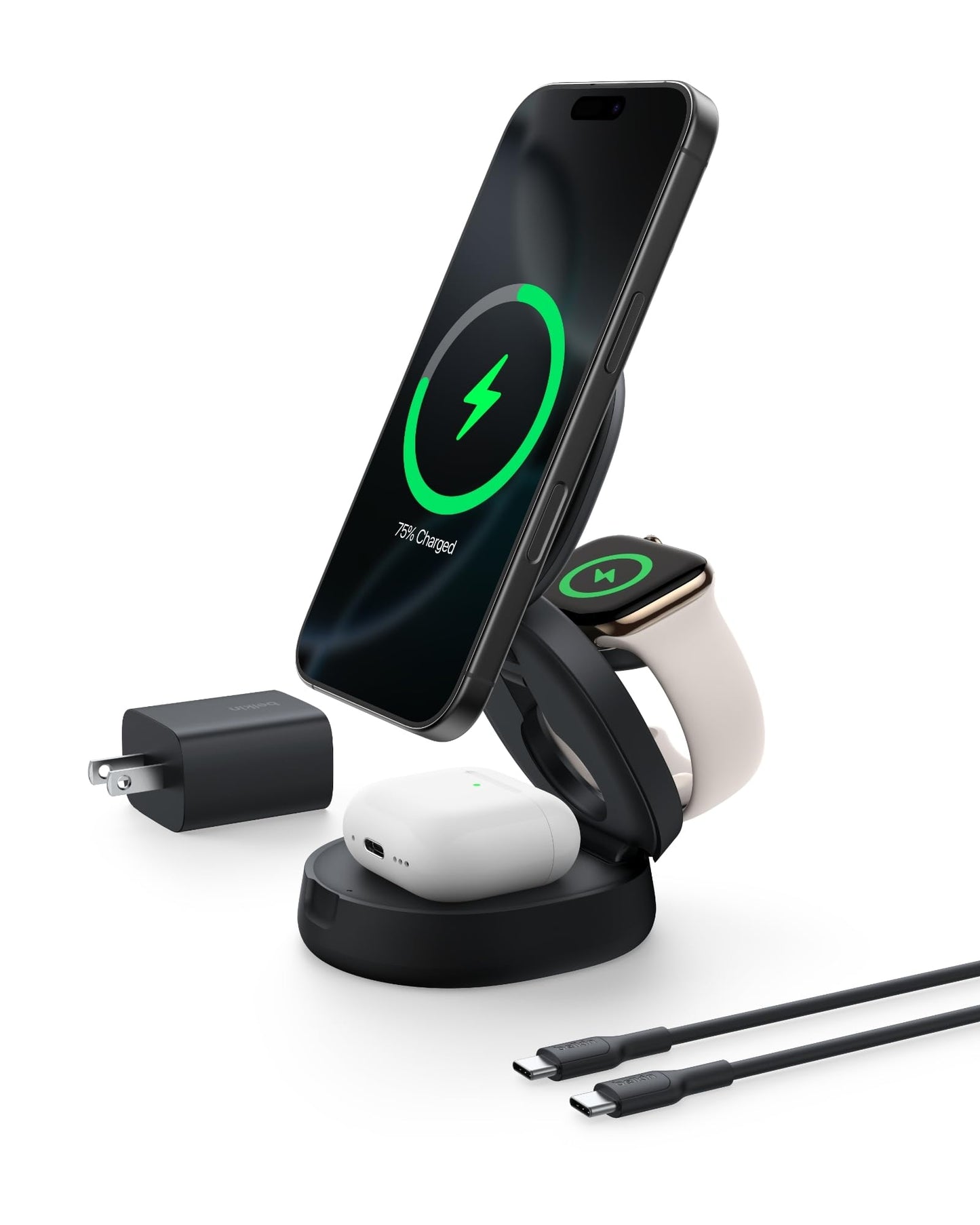 Belkin Qi2 15W Wireless Fast Charging Station, 3 in 1 iPhone Charger | Fast Charging, MagSafe Compatible, iPhone 17/16/15, Apple Watch, AirPods, Travel Charger, Magnetic