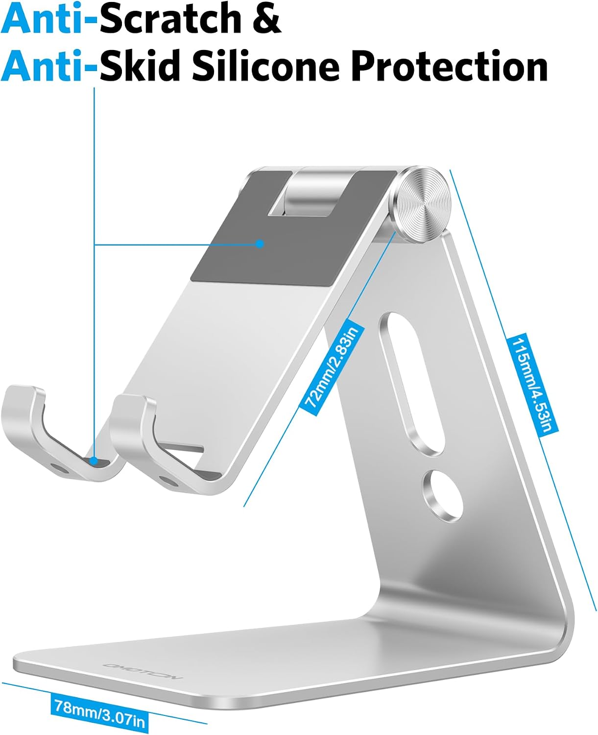 OMOTON C2 Adjustable Aluminum Cell Phone Stand with Charging Cutout, Silver | Sturdy 3mm Base with Non-Slip Silicone Pads, Multi-Angle, Works with 19mm Thick Cases Smartphones, Desktop Recording Facetime