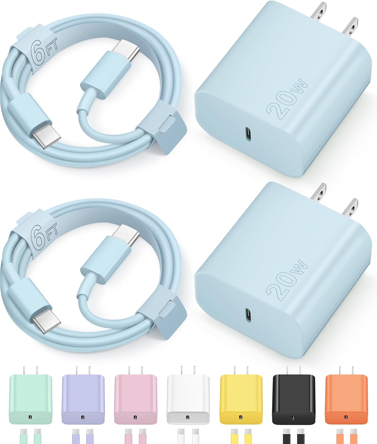 iPhone 17 16 15 Charger Fast Charging Type C Chargers USB C Charger Block | for iPhones, iPads,Tablets,Android phones,20W iPhone Charger USB-C Power Adapter,with Long 6FT USB C Charging Cables(Blue)