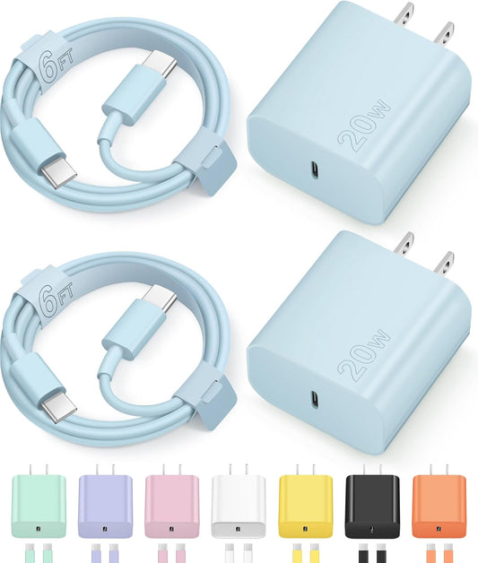 iPhone 17 16 15 Charger Fast Charging Type C Chargers USB C Charger Block | for iPhones, iPads,Tablets,Android phones,20W iPhone Charger USB-C Power Adapter,with Long 6FT USB C Charging Cables(Blue)