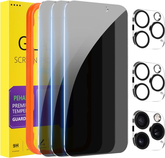 PEHAEL for iPhone 16 Pro Max Privacy Screen Protector+Camera Lens Protector | 3+3 Pack, Installation Frame, Cleaning kits, Anti-Spy Private, Anti-Scratch, 9H Tempered Glass, Case Friendly, [6.9 inch]
