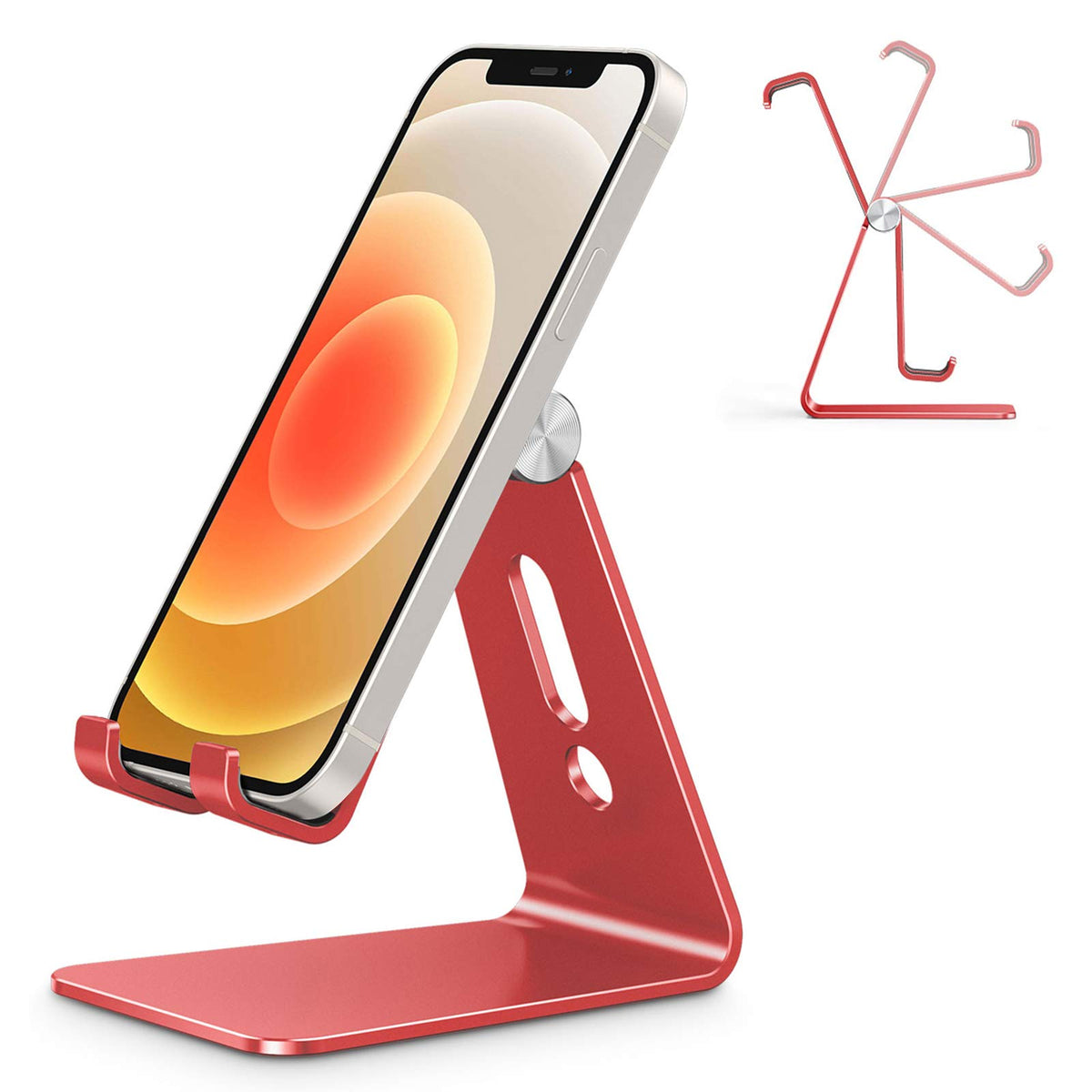 OMOTON C2 Adjustable Aluminum Cell Phone Stand with Charging Cutout, Silver | Sturdy 3mm Base with Non-Slip Silicone Pads, Multi-Angle, Works with 19mm Thick Cases Smartphones, Desktop Recording Facetime