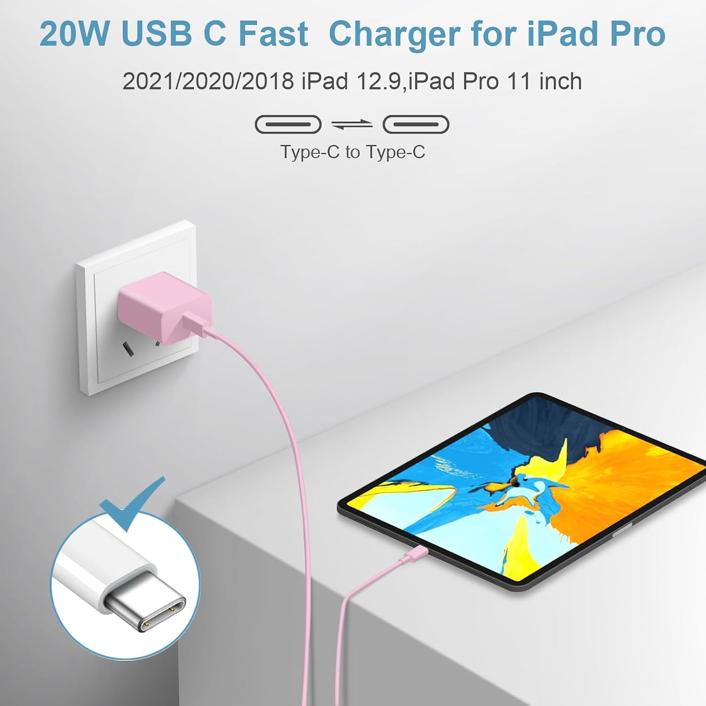 iPhone 17 16 15 Charger Fast Charging Type C Chargers USB C Charger Block | for iPhones, iPads,Tablets, Android phones,20W iPhone Charger USB-C Power Adapter,with Long 6FT USB C Charging Cables(Pink)