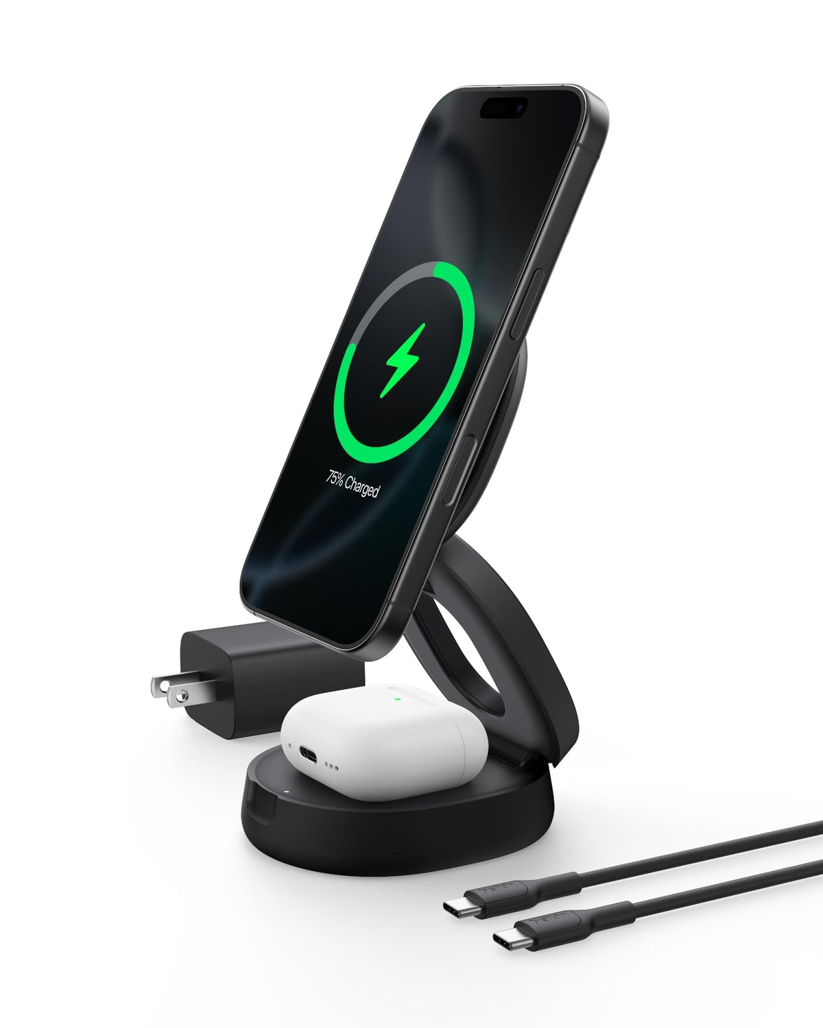 Belkin Qi2 15W Wireless Fast Charging Station, 3 in 1 iPhone Charger | Fast Charging, MagSafe Compatible, iPhone 17/16/15, Apple Watch, AirPods, Travel Charger, Magnetic