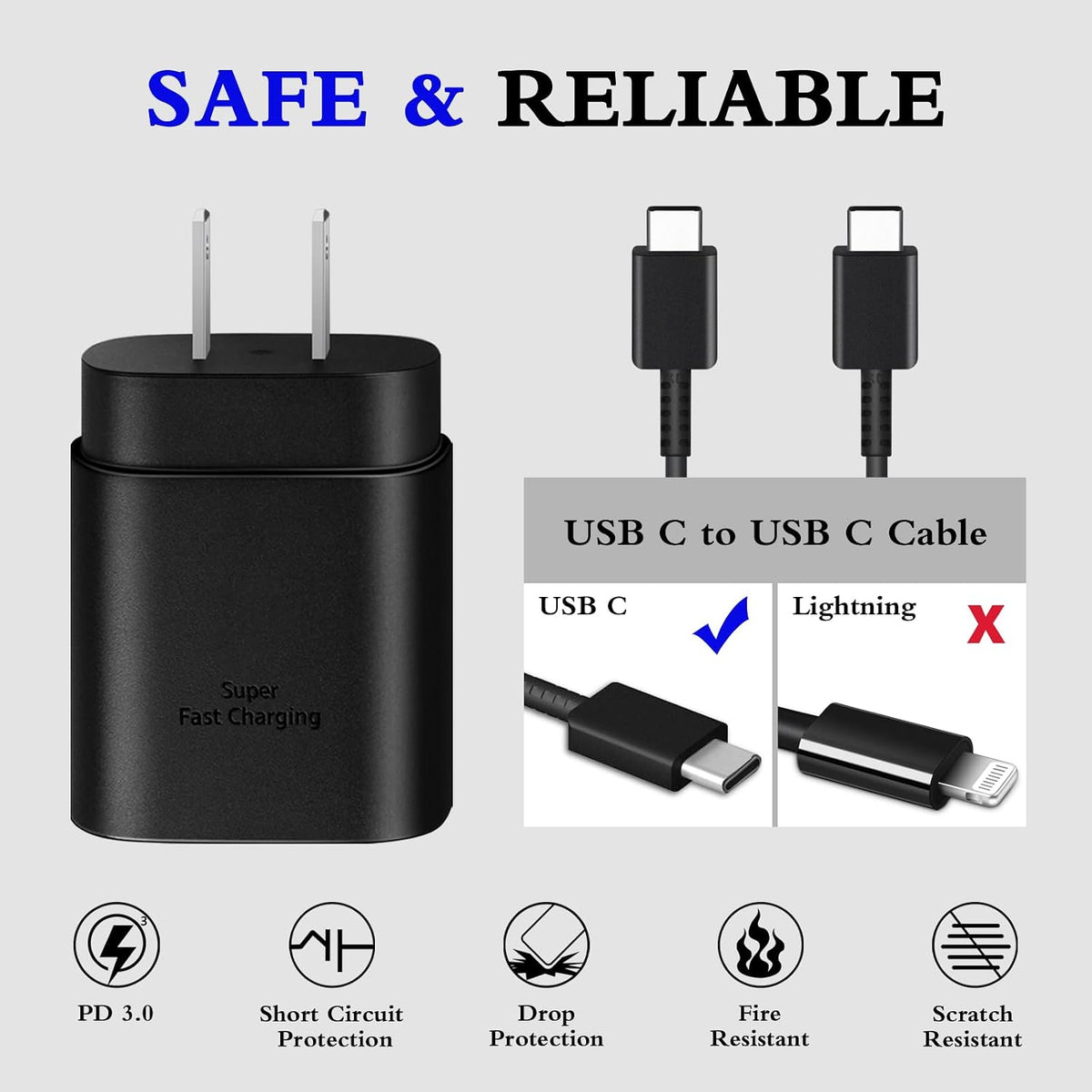 GUUSMART Type C Charger 2-Pack 25W Long 6ft USB C Charger Cable | Type C Charger Fast Charging Block Compatible with Galaxy S26 S25 S24 S23 S22 S21/iPhone 17/16/15 Pro Max/15 Plus-Black