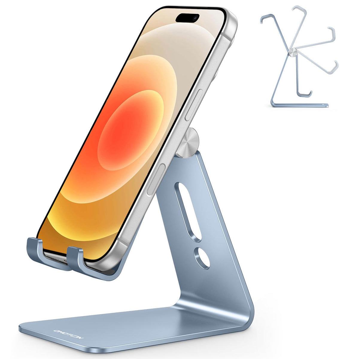 OMOTON C2 Adjustable Aluminum Cell Phone Stand with Charging Cutout, Silver | Sturdy 3mm Base with Non-Slip Silicone Pads, Multi-Angle, Works with 19mm Thick Cases Smartphones, Desktop Recording Facetime