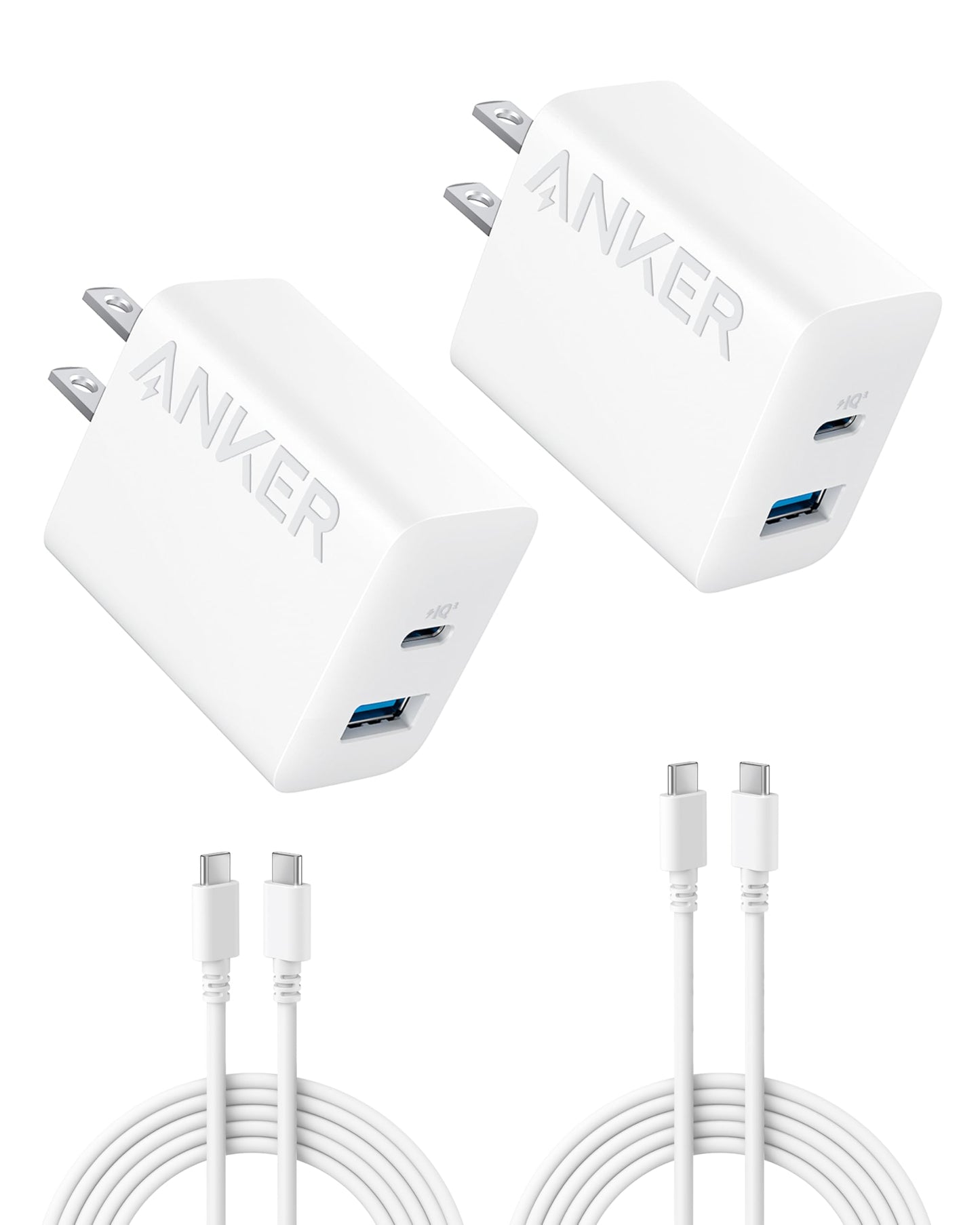 Anker Phone Charger, 20W USB C Charger Block, Type C Charger Fast Charging | For iPhone 17/17 Plus/17 Pro Max/16/16 Plus/16 Pro Max/15 Pro Max/iPad Pro and More (2-Pack with 2 Cables, White)