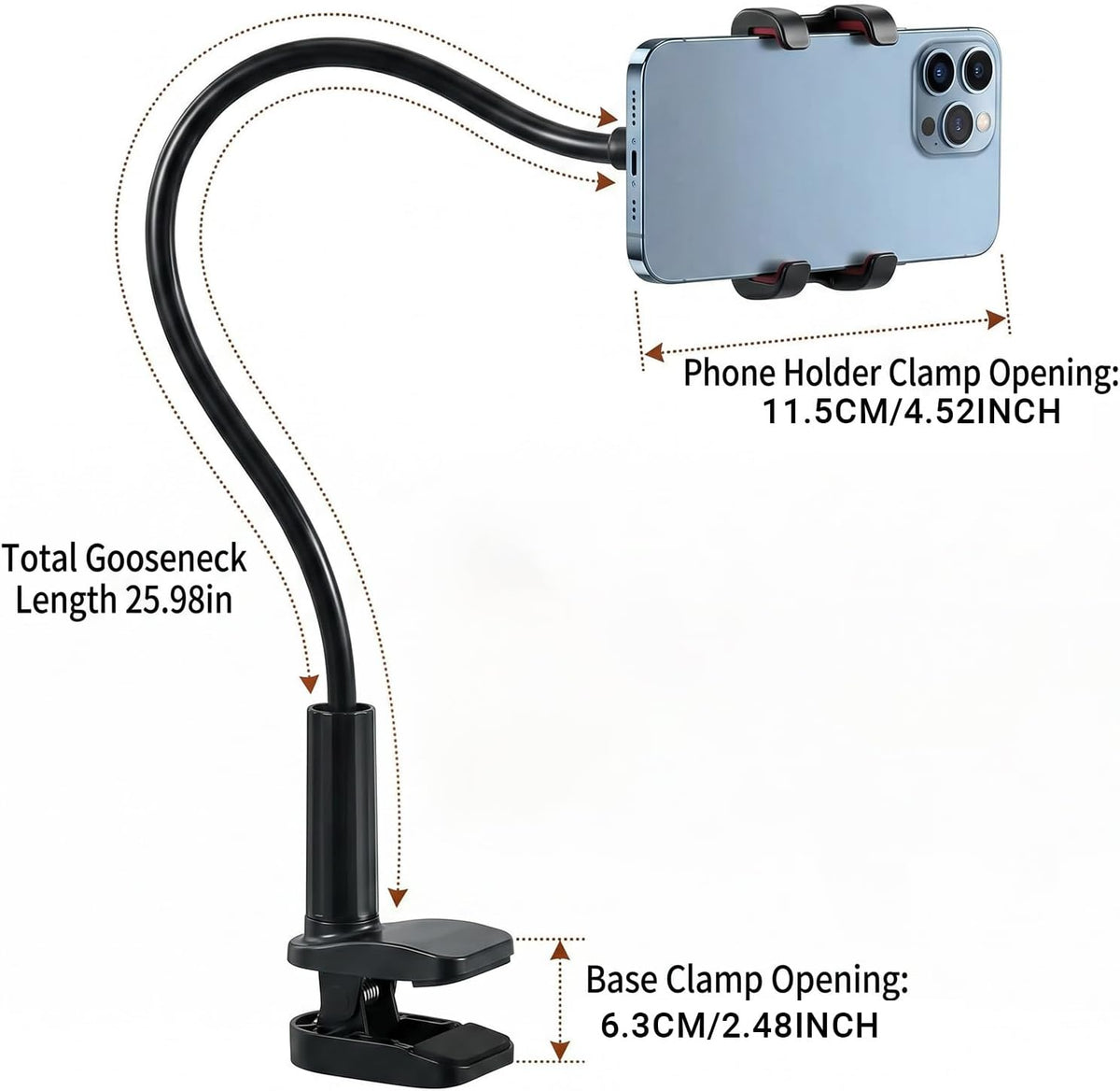 Cell Phone Stand Universal Lazy Bracket Adjustable Gooseneck Phone Holder 360 Degree Rotation Flexible Long Arm Cellphone Stand Clamp Mount for Desk Bed Holder for Most Cellphone,Black