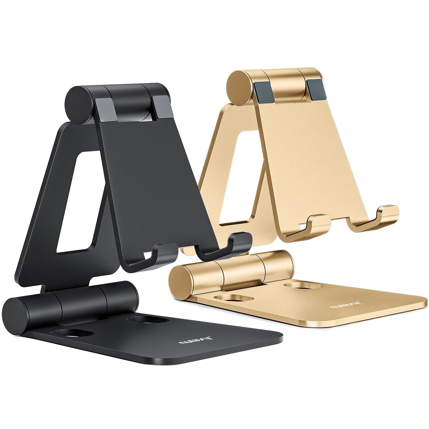 Nulaxy 2 Pack Aluminum Dual Folding Cell Phone Stand for Desk, Black&Silver | Height Angle Adjustable, Portable Phone Holder Fits 18mm Thick Case, Anti-Slip Base, Smartphone Desktop Essential Accessory