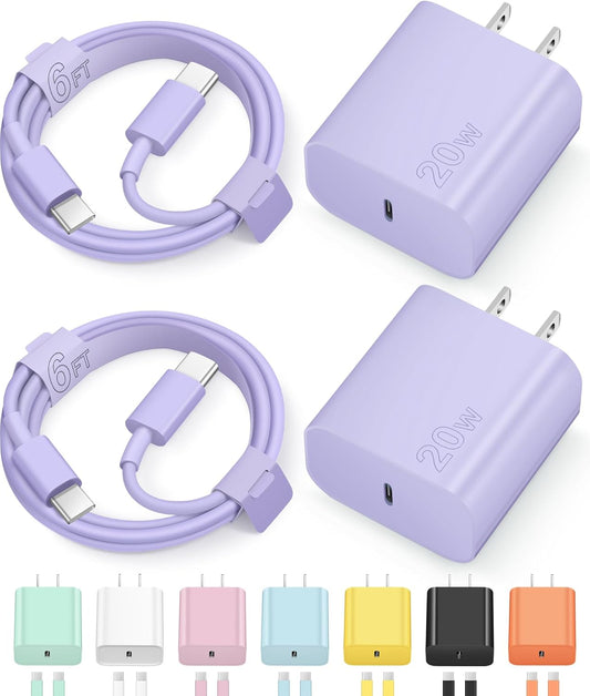 iPhone 17 16 15 Charegr Fast Charging Type C Chargers USB C Charger Block | for iPhones, iPads,Tablets, Android phones,20W iPhone Charger USB-C Power Adapter,with Long 6Ft USB C Charging Cables(Purple)