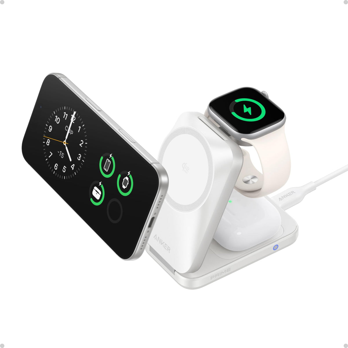 Anker Prime 25W Qi2.2-Certified Palm-Sized 3-in-1 Foldable MagSafe Charger | Travel-Ready Charging Station, AirCool Wireless Charger for iPhone 17, Apple Watch, AirPods (Adapter Included, Non-Battery)
