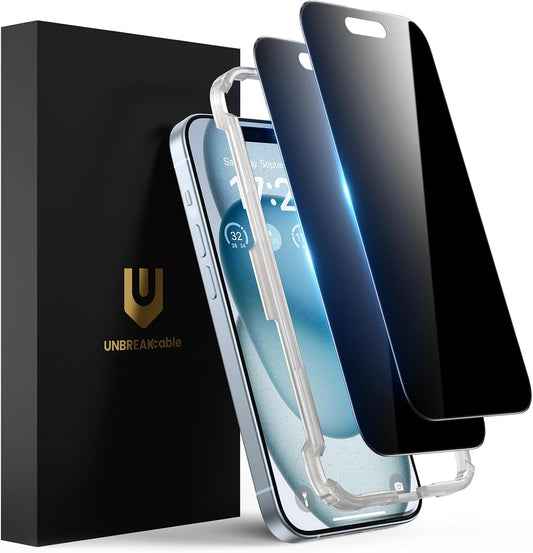 UNBREAKcable Privacy Screen Protector for iPhone 15, 2-Pack | True 28° Anti-Spy, Shatterproof Tempered Glass, 9H Hardness, Easy Install, Bubble-Free, Anti-Scratch, Case Friendly
