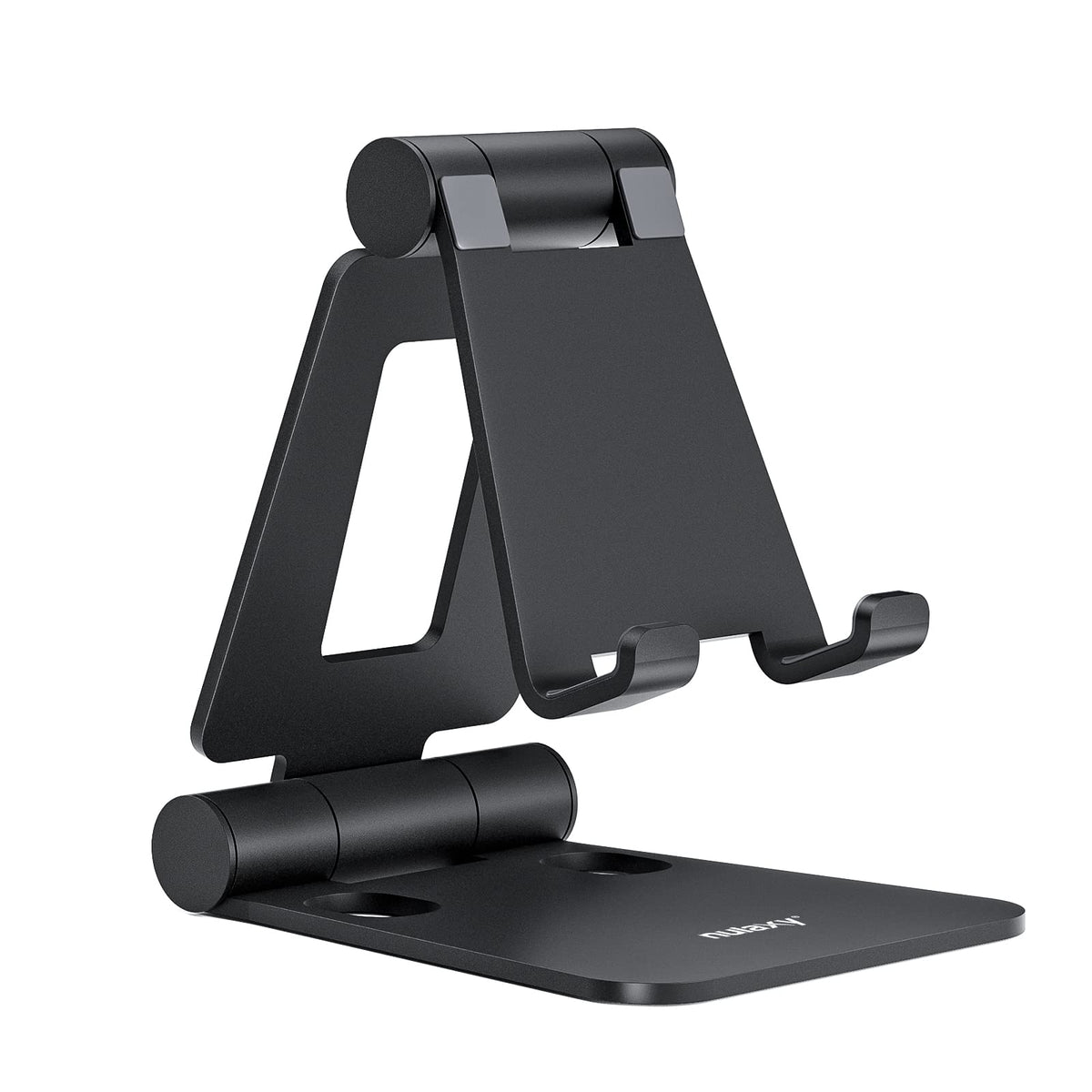 Nulaxy Full Aluminum Dual Folding Cell Phone Stand for Desk, Black | Height Angle Adjustable, Portable, Anti-Slip Base, Fits 18mm Thick Case Smartphone, Nintendo Switch Desk Essential Accessory