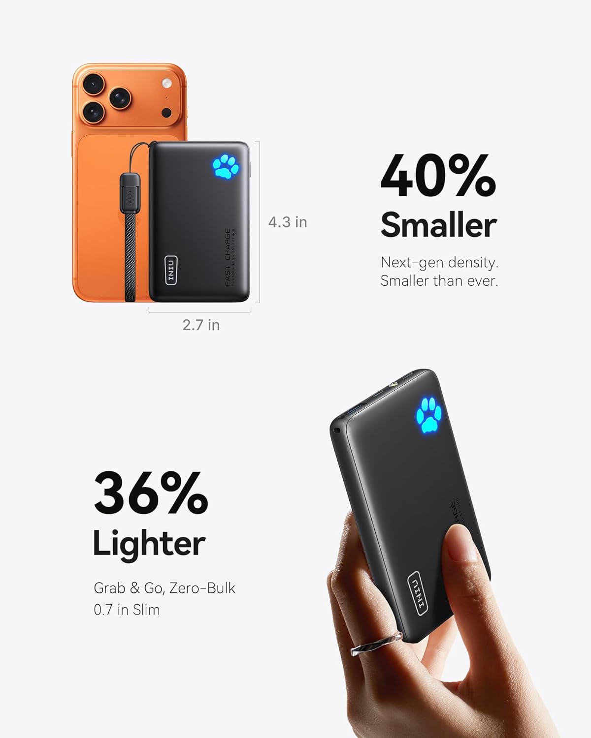 INIU 45W Fast Charging Portable Charger, Smaller 10000mAh Travel Power Bank | Flight-Safe, Detachable USB C Cable, Travel Essential, External Battery Phone Pack for iPhone 17 Samsung S26 iPad etc
