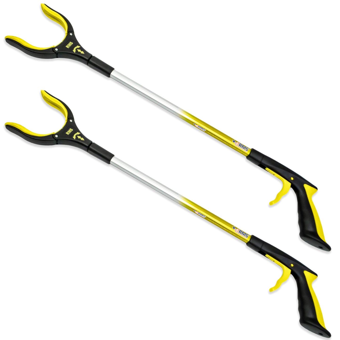 RMS 2-Pack 32 Inch Extra Long Grabber Reacher with Rotating Jaw (Yellow) | Mobility Aid Reaching Tool to retrieve household items from floors, shelves, vehicles and tight spaces