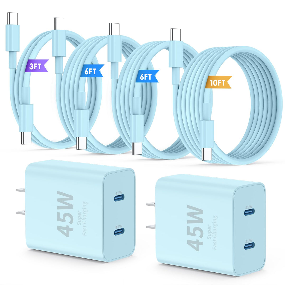 QZIIW Super Fast Samsung Charger Type C,45W Dual Port USB C Fast Charger | Extra Long 60W 3/6/10/10FT USB C Cable - [2-Pack]PD Quick Charging 3.0 For Samsung Galaxy S26 S25 Ultra/S24+/S23 iPhone 17 16