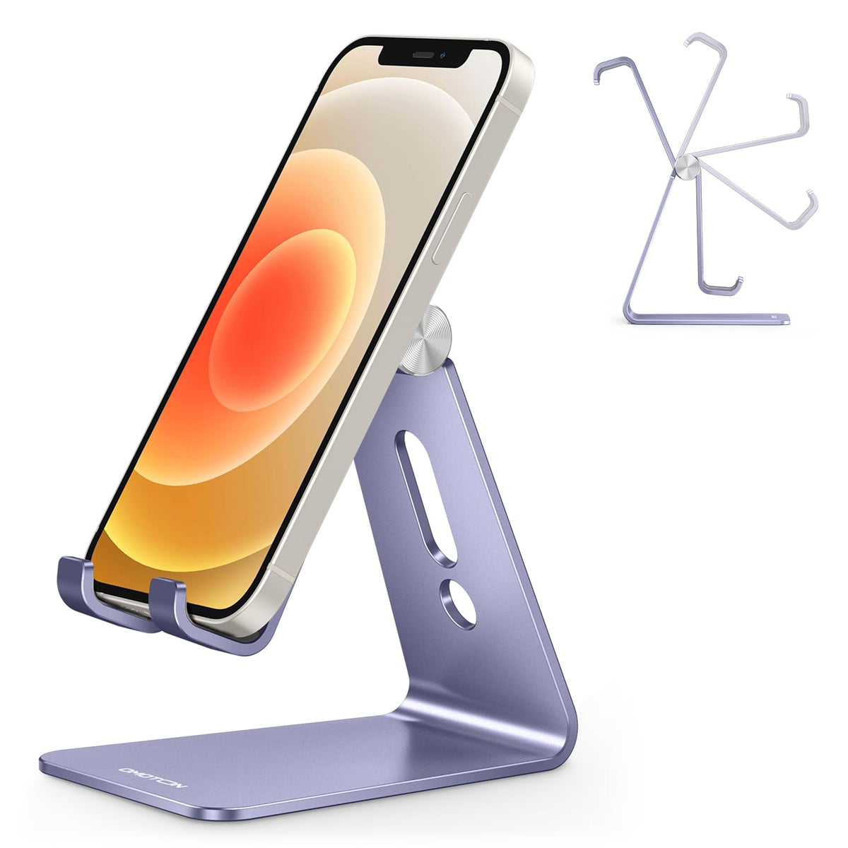 OMOTON C2 Adjustable Aluminum Cell Phone Stand with Charging Cutout, Silver | Sturdy 3mm Base with Non-Slip Silicone Pads, Multi-Angle, Works with 19mm Thick Cases Smartphones, Desktop Recording Facetime
