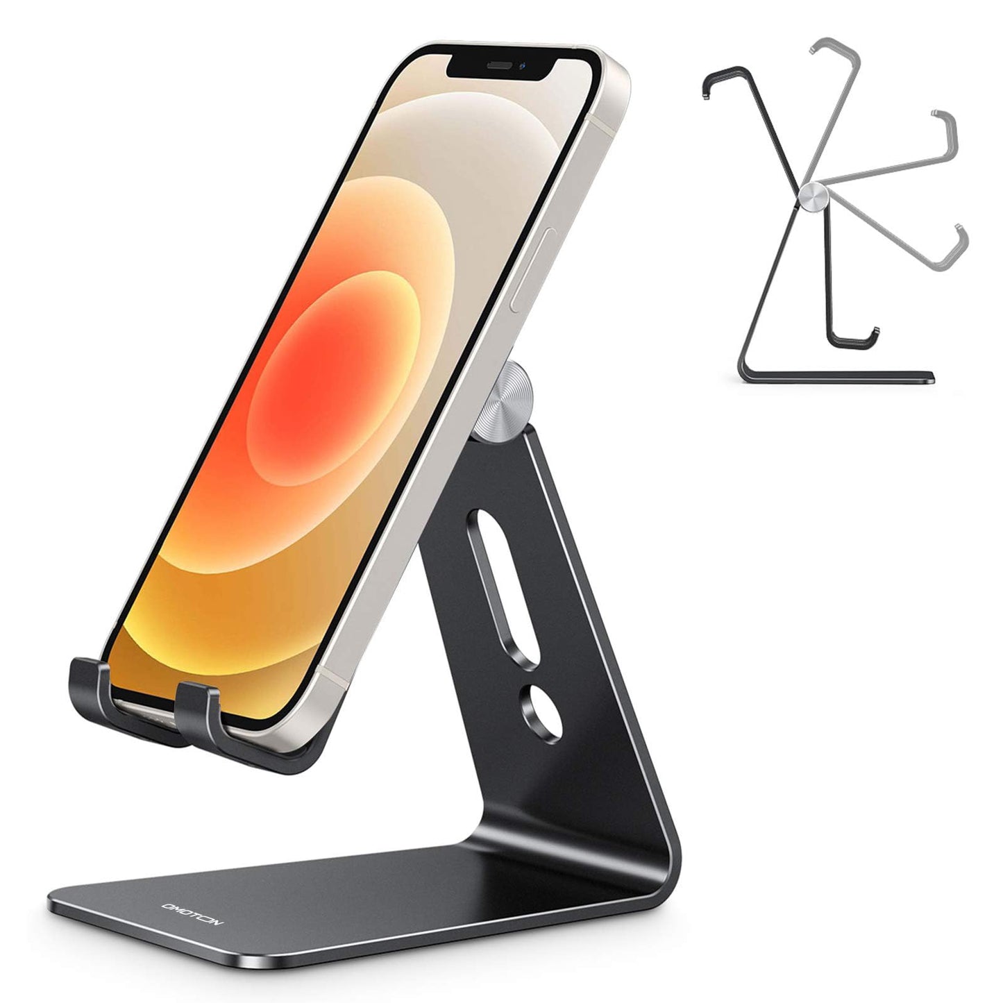 OMOTON C2 Adjustable Aluminum Cell Phone Stand with Charging Cutout, Silver | Sturdy 3mm Base with Non-Slip Silicone Pads, Multi-Angle, Works with 19mm Thick Cases Smartphones, Desktop Recording Facetime
