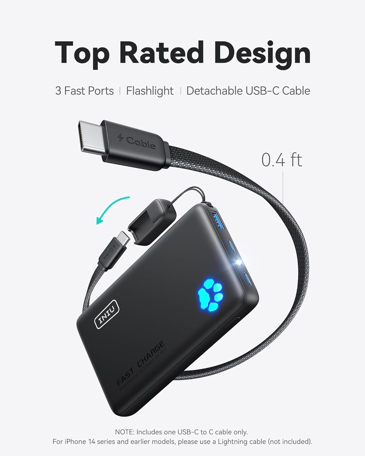 INIU 45W Fast Charging Portable Charger, Smaller 10000mAh Travel Power Bank | Flight-Safe, Detachable USB C Cable, Travel Essential, External Battery Phone Pack for iPhone 17 Samsung S26 iPad etc