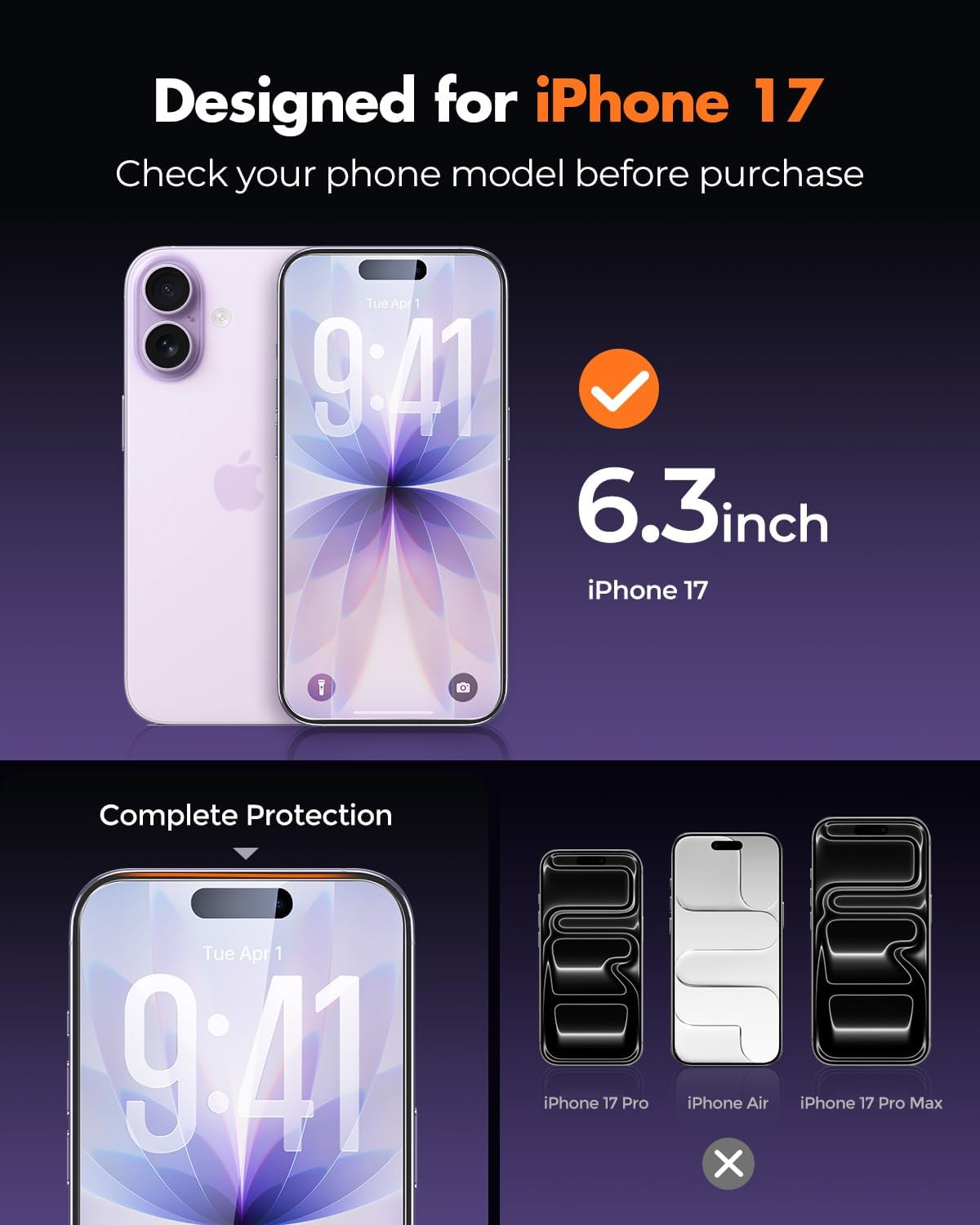 UNBREAKcable 3-Pack Screen Protector for iPhone 17 Tempered Glass | Shatterproof, Easy Install, 9H Hardness, 99.99% HD Clear, Bubble-Free, Anti-Fingerprint, Scratch Resistant, Case Friendly
