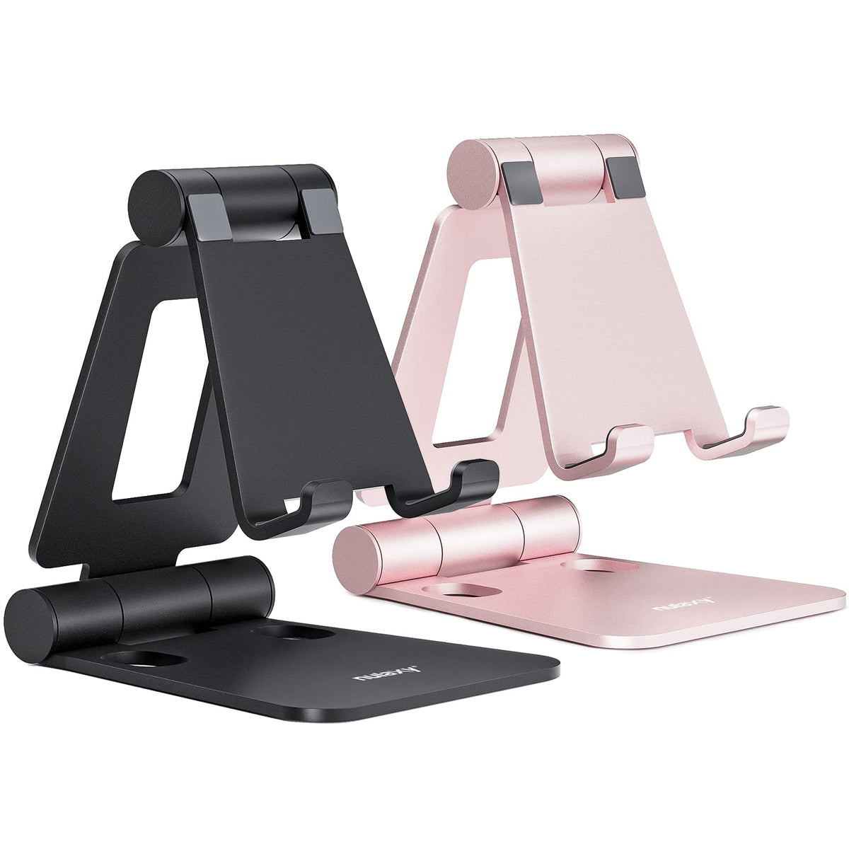Nulaxy 2 Pack Aluminum Dual Folding Cell Phone Stand for Desk, Black&Silver | Height Angle Adjustable, Portable Phone Holder Fits 18mm Thick Case, Anti-Slip Base, Smartphone Desktop Essential Accessory