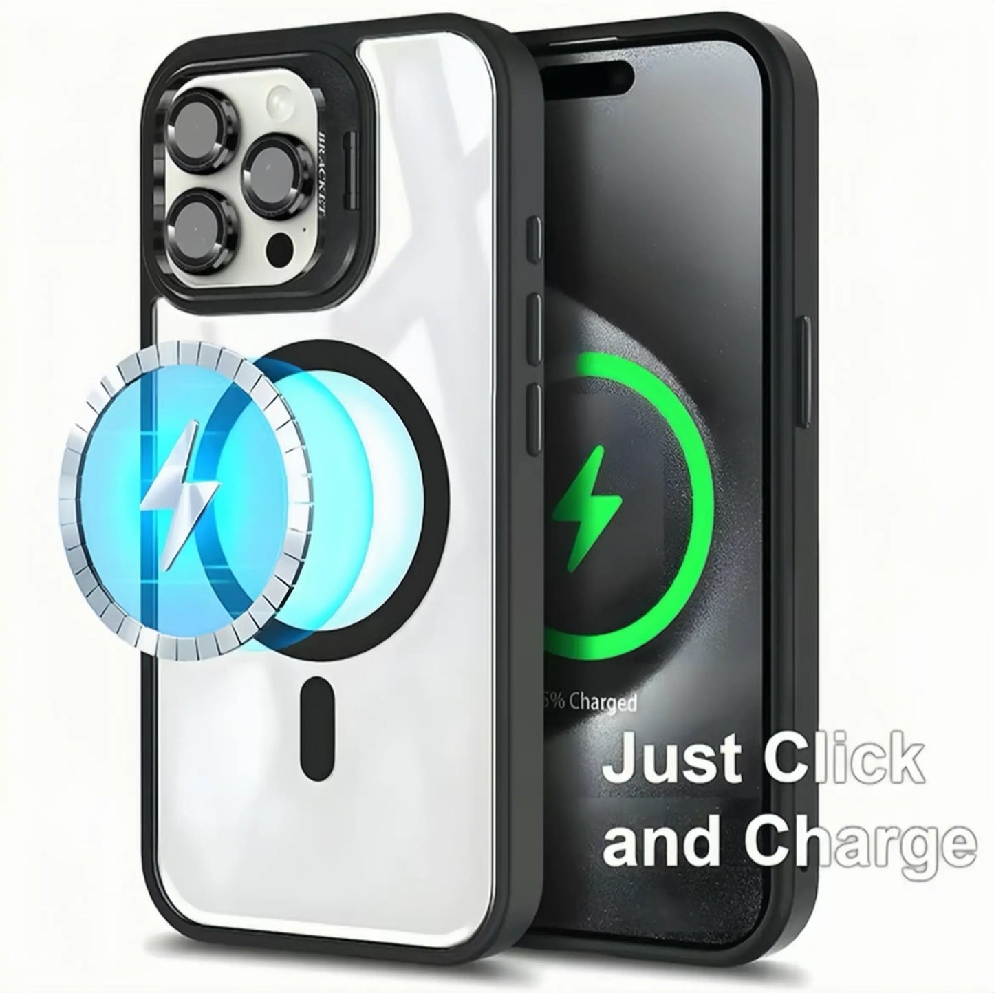 Suitable for iPhone17 16 15 14 13 12 Max Plus Pro Magnetic Mobile Phone Case with MagSafe Camera Ring Holder, Military-Grade Protection, Anti-Fall, Non-Yellowing, Wireless Casing Protector Cover, Black Silicone