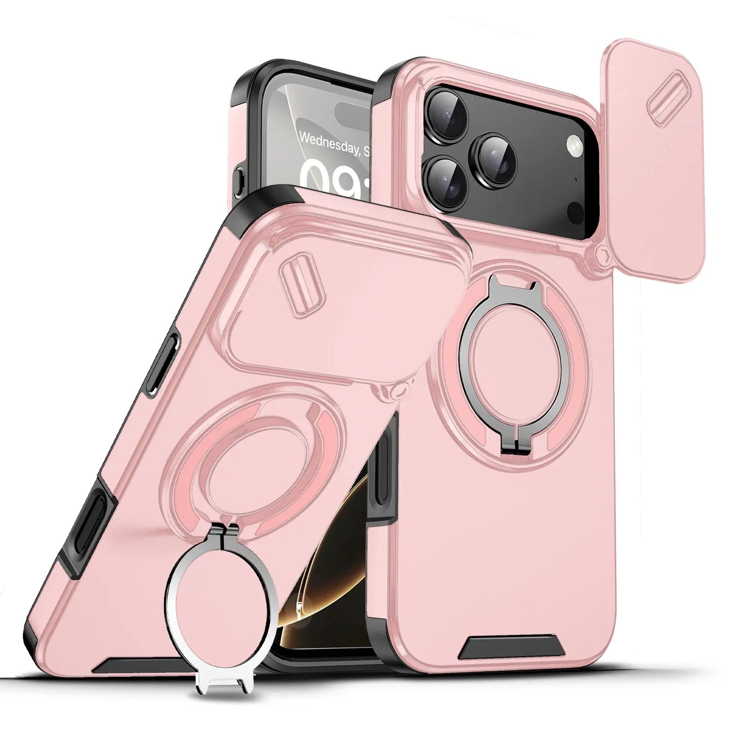 Magnetic Phone Case, Military-Grade Protective Cover with Sliding Camera Lens Protector, Compatible with iPhone 17/16/15/14/13/12Pro Max, 360° Rotatable Stand, PC+TPU Material