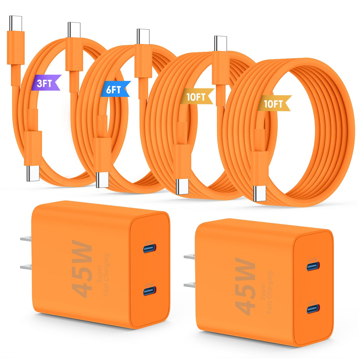 QZIIW Super Fast Samsung Charger Type C,45W Dual Port USB C Fast Charger | Extra Long 60W 3/6/10/10FT USB C Cable - [2-Pack]PD Quick Charging 3.0 For Samsung Galaxy S26 S25 Ultra/S24+/S23 iPhone 17 16