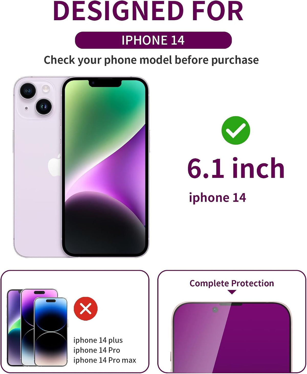 2 Pack Privacy Screen Protector for iPhone 14/13 Pro/13 Tempered Glass 6.1inch Private Saver Purple Anti-Spy Anti-Blue Light Anti-Scratch Full Coverage