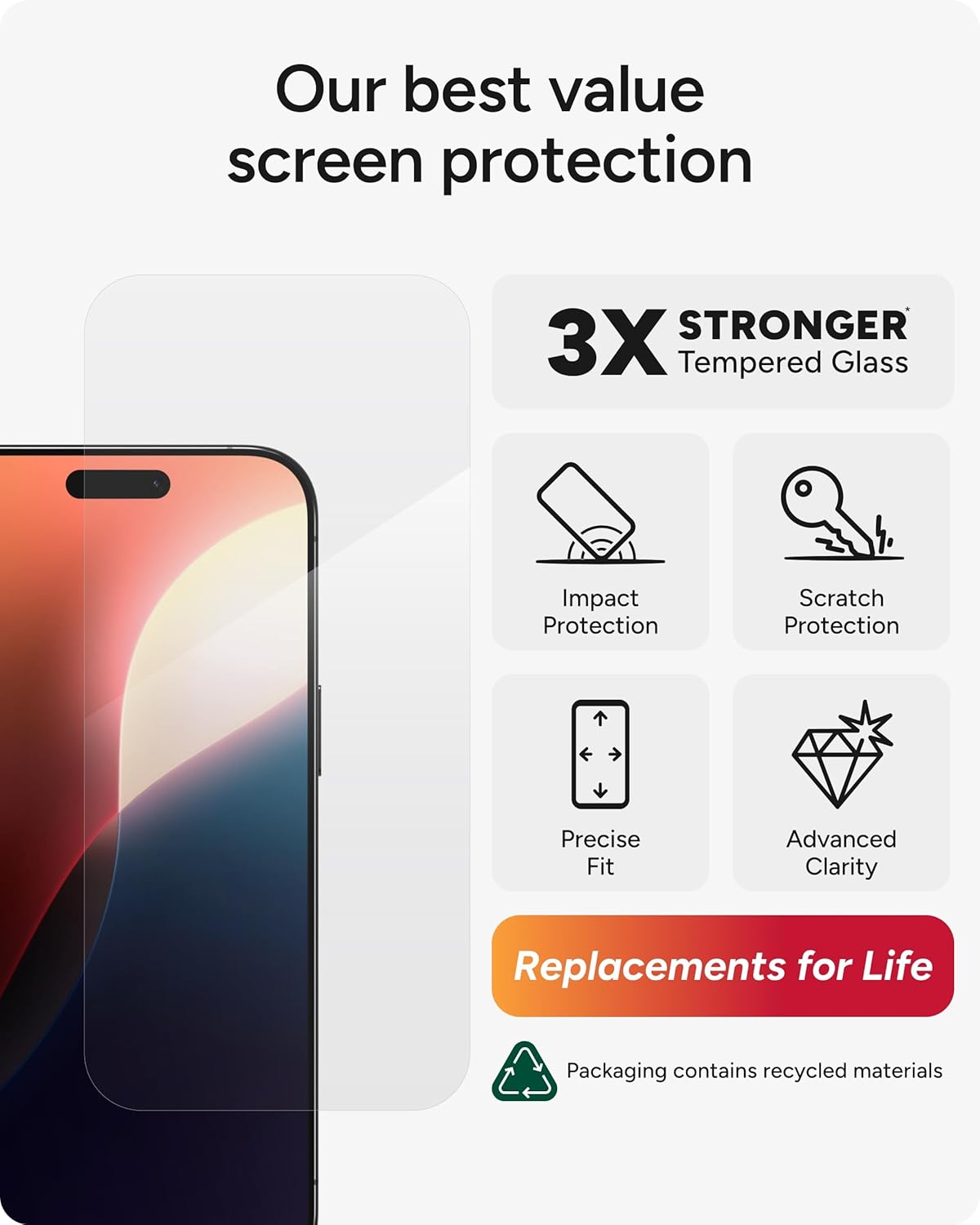 ZAGG Glass+ Screen Protector for iPhone 16/15 – 3X Stronger Tempered Glass with Reinforced Edges, Scratch & Smudge Resistant, InvisibleShield, Easy Installation