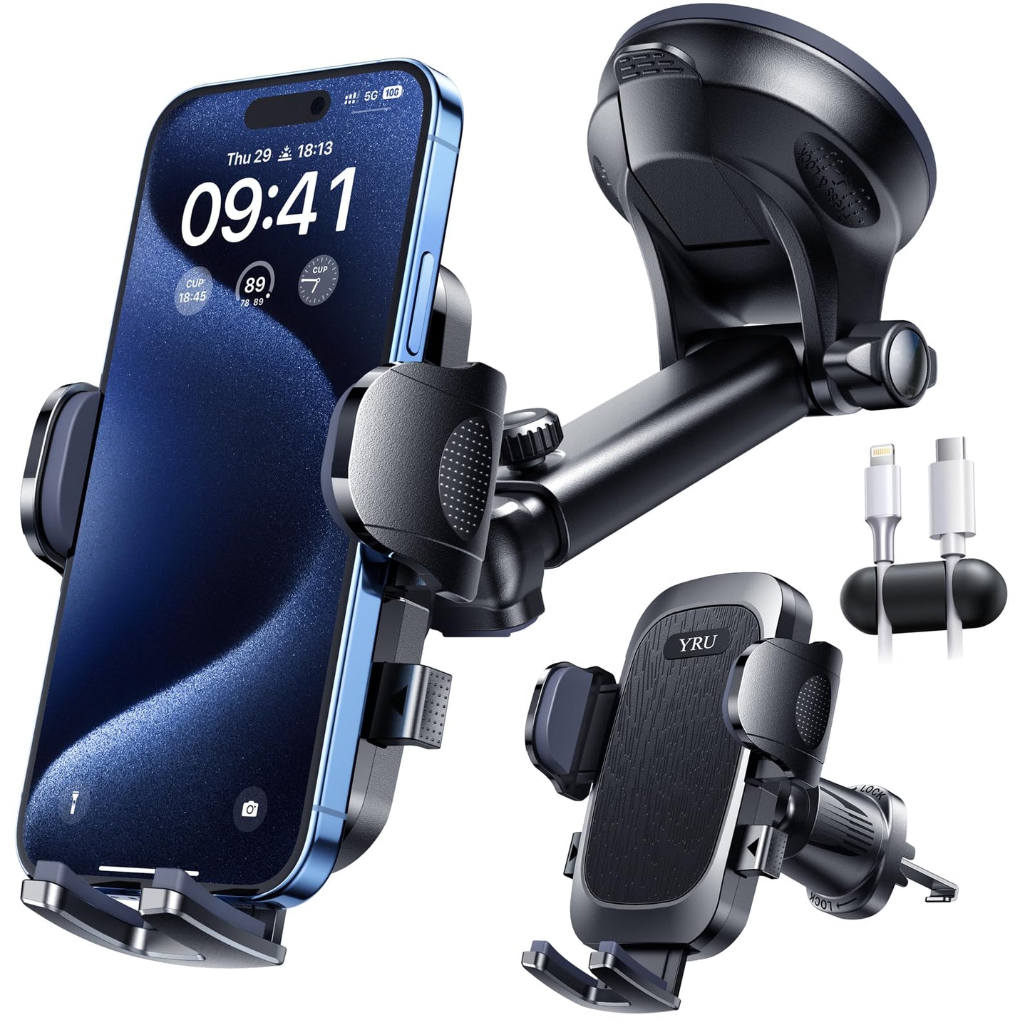 YRU True Military-Grade [360° Rotation Suction] 2026 Ultimate Car Phone Holder Mount【90+LBS Safest Strongest & Patent Certs】 Dash Windshield for iPhone 17 16 Pro Max Speakerphones, Gloss Black