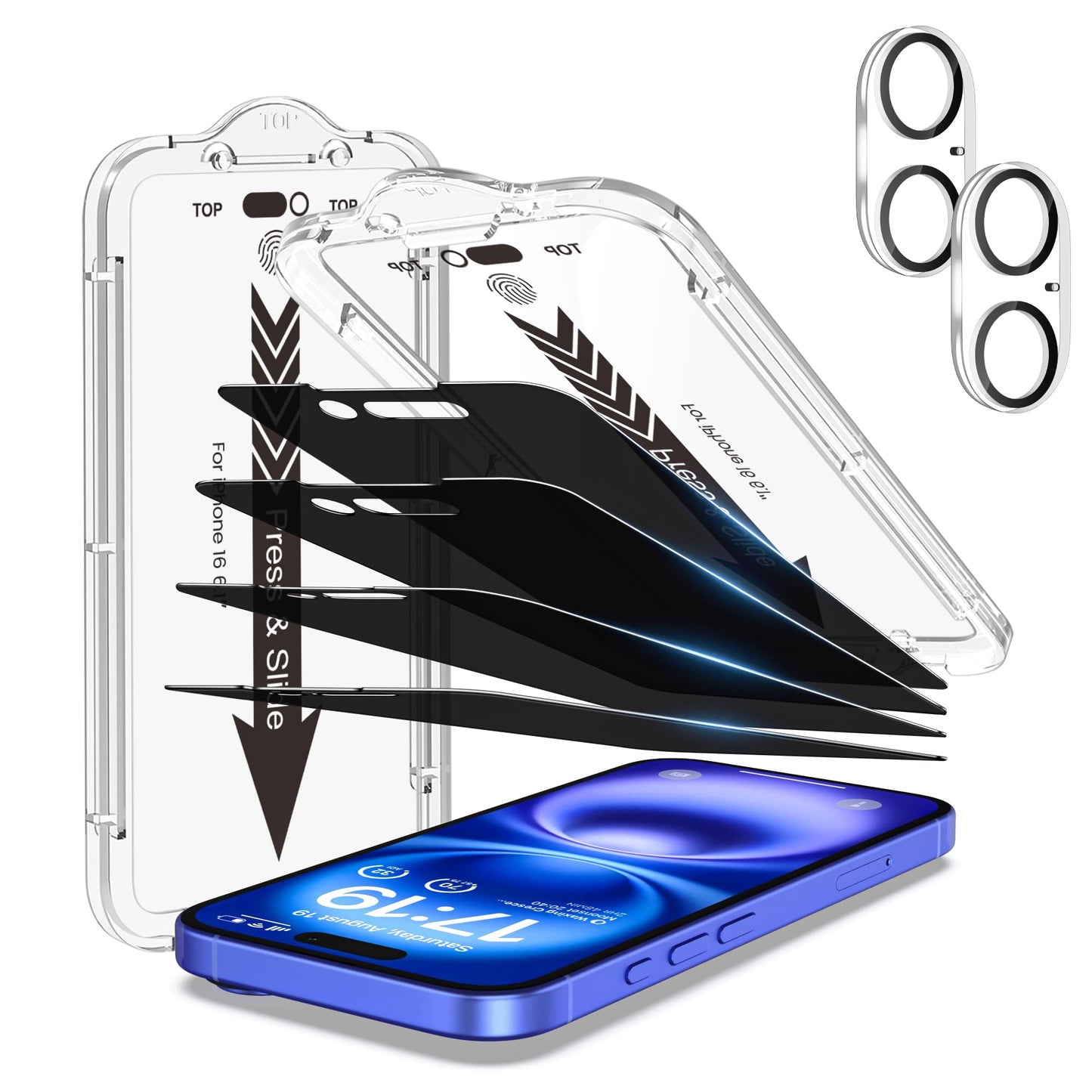 EZ-GLAZ-4+2 Pack for iPhone 15 Plus Privacy Screen Protector (6.7") | 2-Pack Lens Protectors, Alignment Kit, Easy Installation, 9H+ Tempered Glass, Scratch Resistant, 28° Privacy Protection