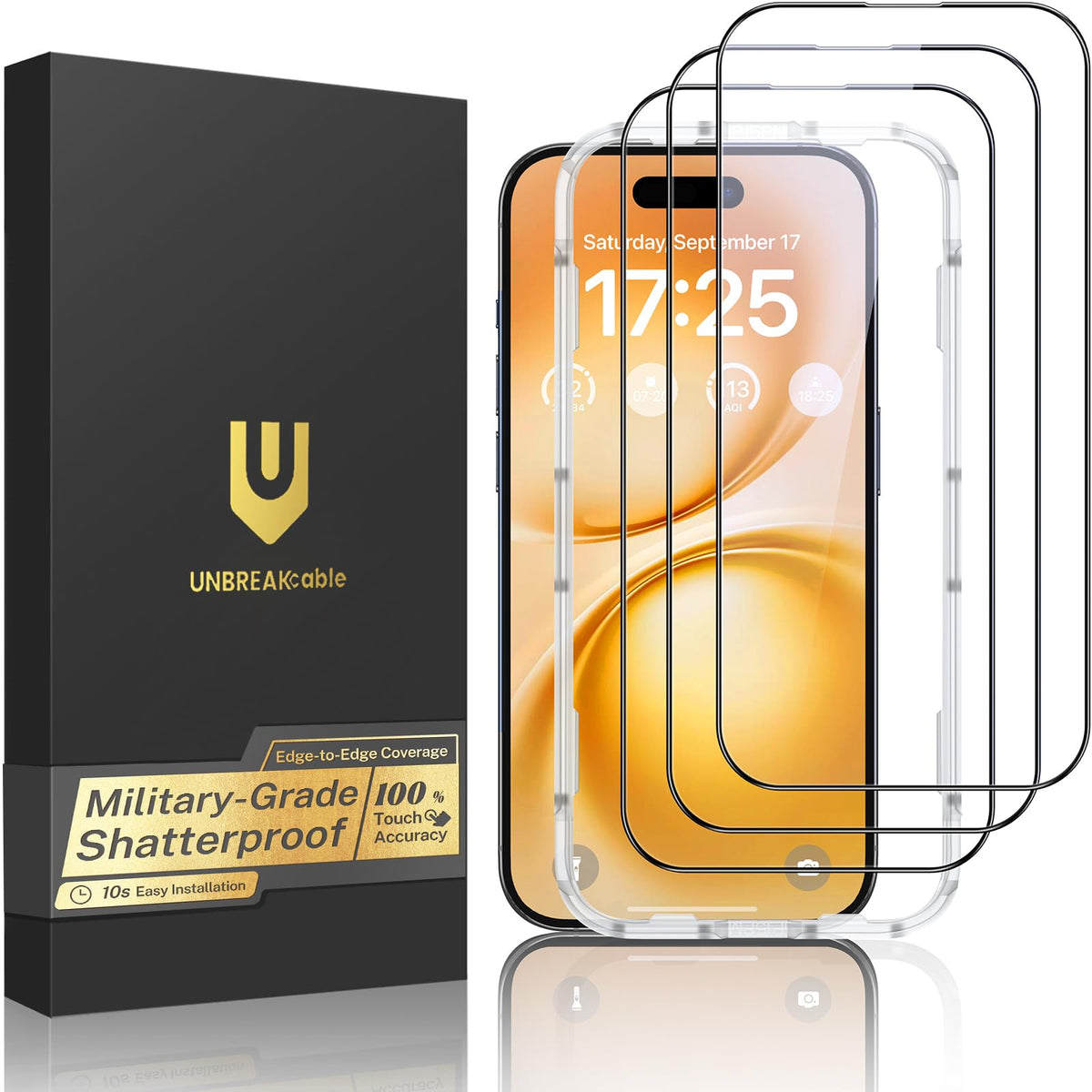 UNBREAKcable for iPhone 16 Screen Protector, 3-Pack Full Coverage Tempered Glass [Military Grade Shatterproof] [9H Hardness] [Easy Installation Frame] [Bubble Free] for iPhone 16 6.1"