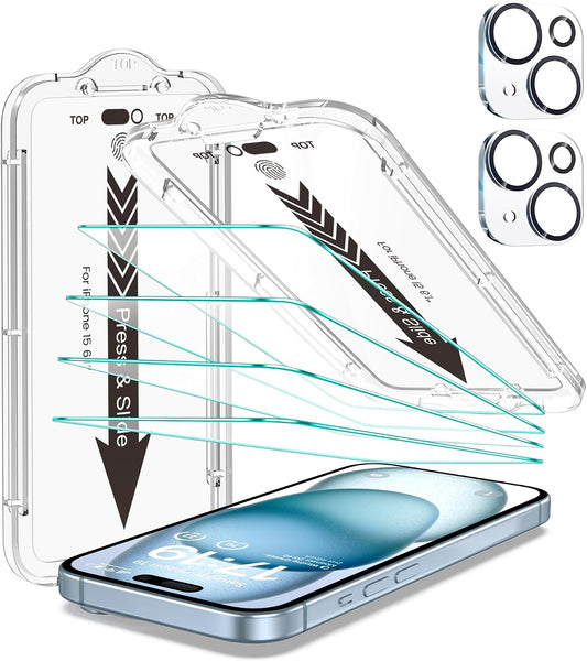 EZ-GLAZ-4+2 Pack for iPhone 15 Screen Protector (6.1") HD Clear | 2-Pack Lens Protectors, Alignment Kit, Easy Installation, Case-Friendly, 9H+ Tempered Glass, Scratch Resistant, Ultra Clear