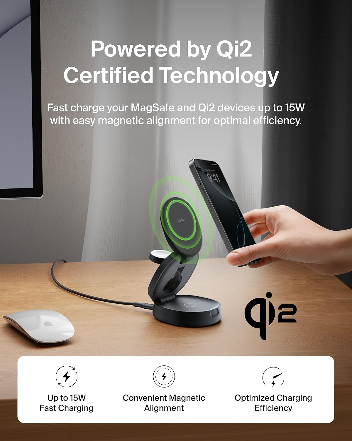 Belkin Qi2 15W Wireless Fast Charging Station, 3 in 1 iPhone Charger | Fast Charging, MagSafe Compatible, iPhone 17/16/15, Apple Watch, AirPods, Travel Charger, Magnetic