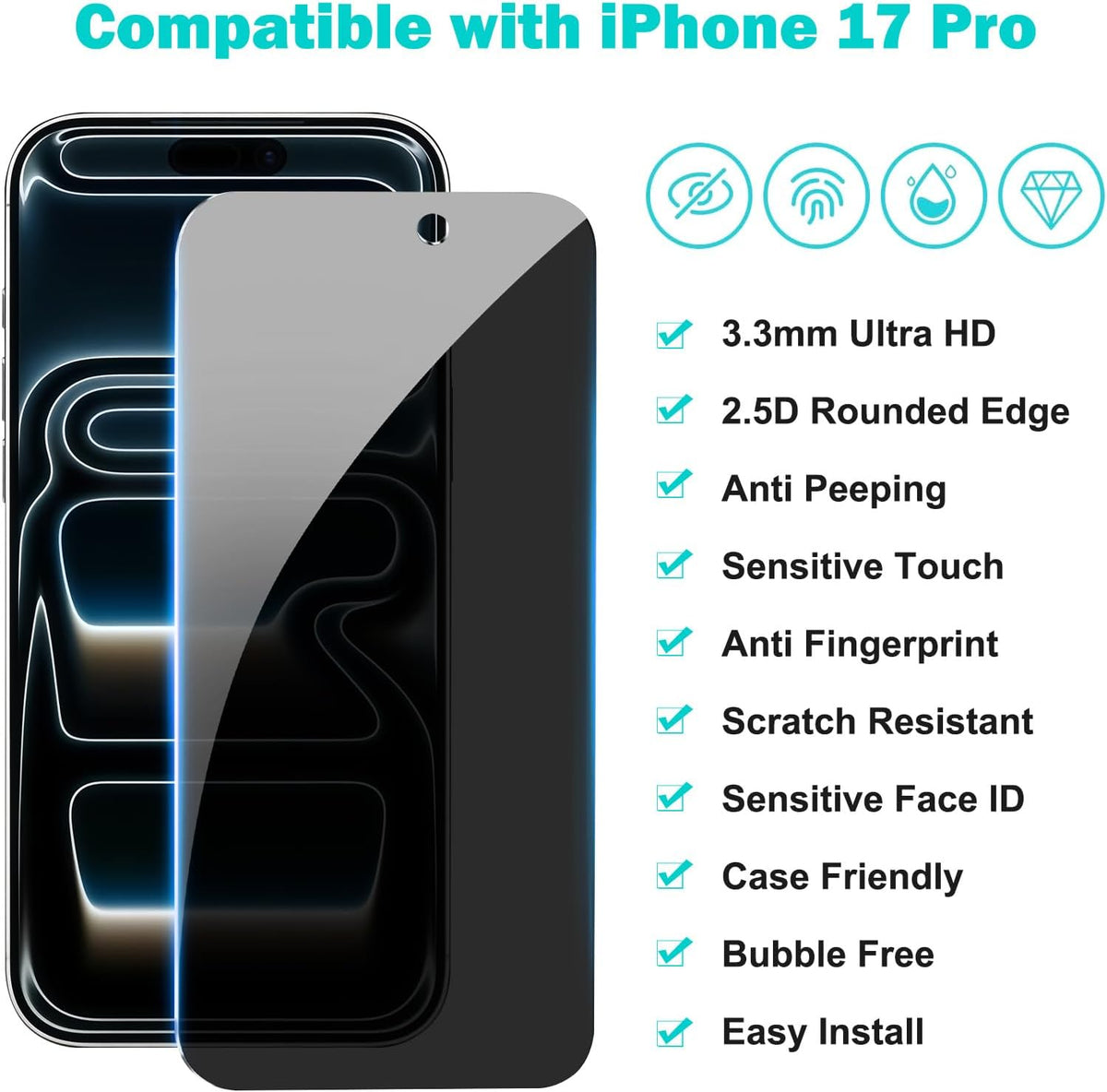 PEHAEL for iPhone 17 Pro Privacy Screen Protector+Camera Lens Protector | 3+3 Pack, Installation Frame, Cleaning kits, Anti-Spy Private, Anti-Scratch, 9H Tempered Glass, Case Friendly, [6.3 inch]