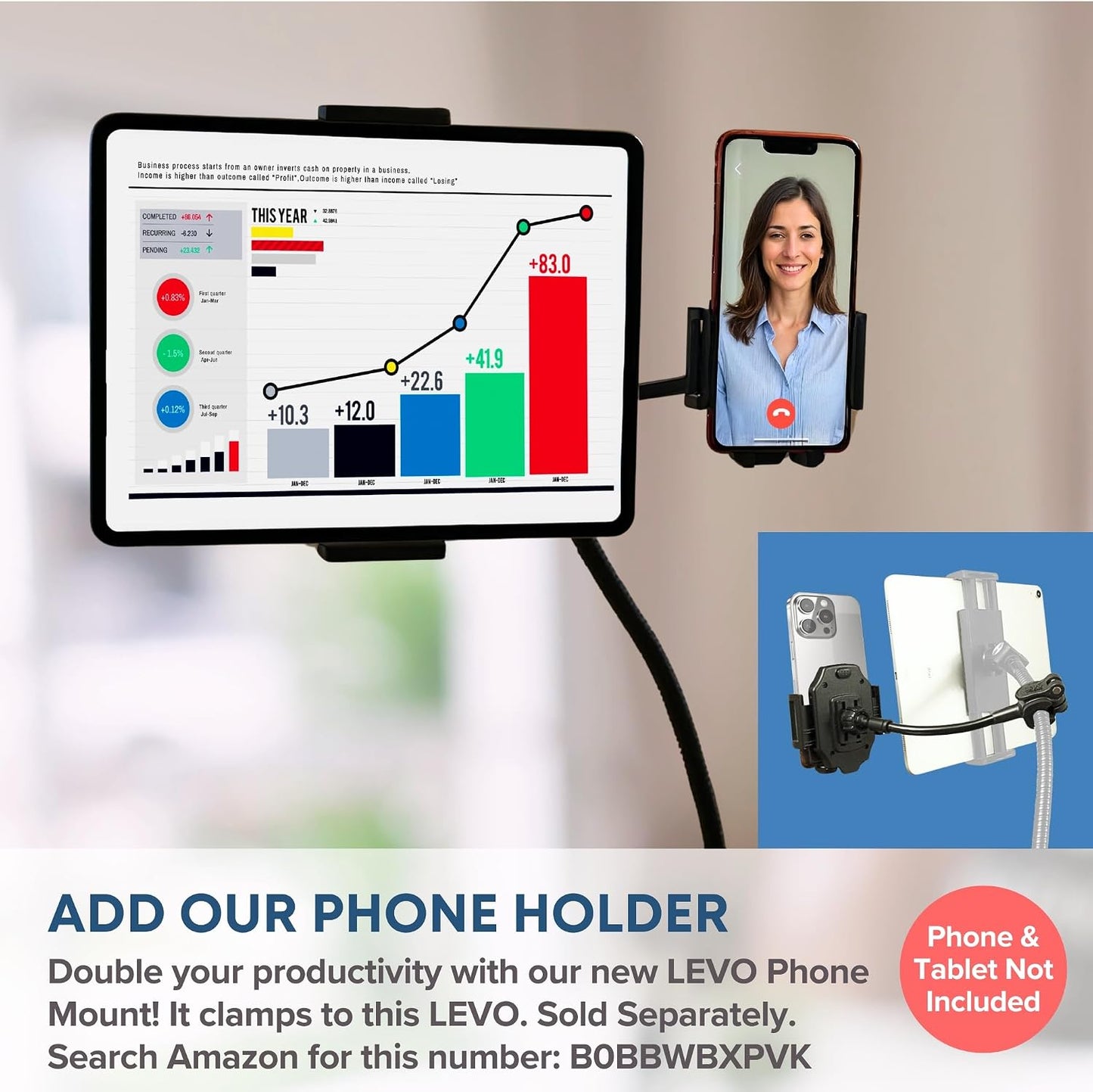 LEVO Rolling Gooseneck Tablet Floor Stand, iPad & Phone Holder, Black | Adjustable height 30-60 in, sturdy bendable arm, locking casters, overbed reach for bed, desk, workout, reading and streaming