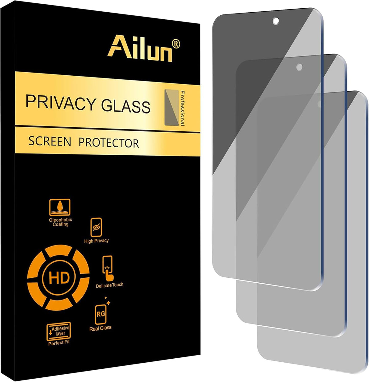 Ailun Privacy Screen Protector for iPhone 16 Plus / 15 Plus / 15 Pro Max | 3 Pack, 6.7 Inch,Tempered Glass, Anti Spy, Private