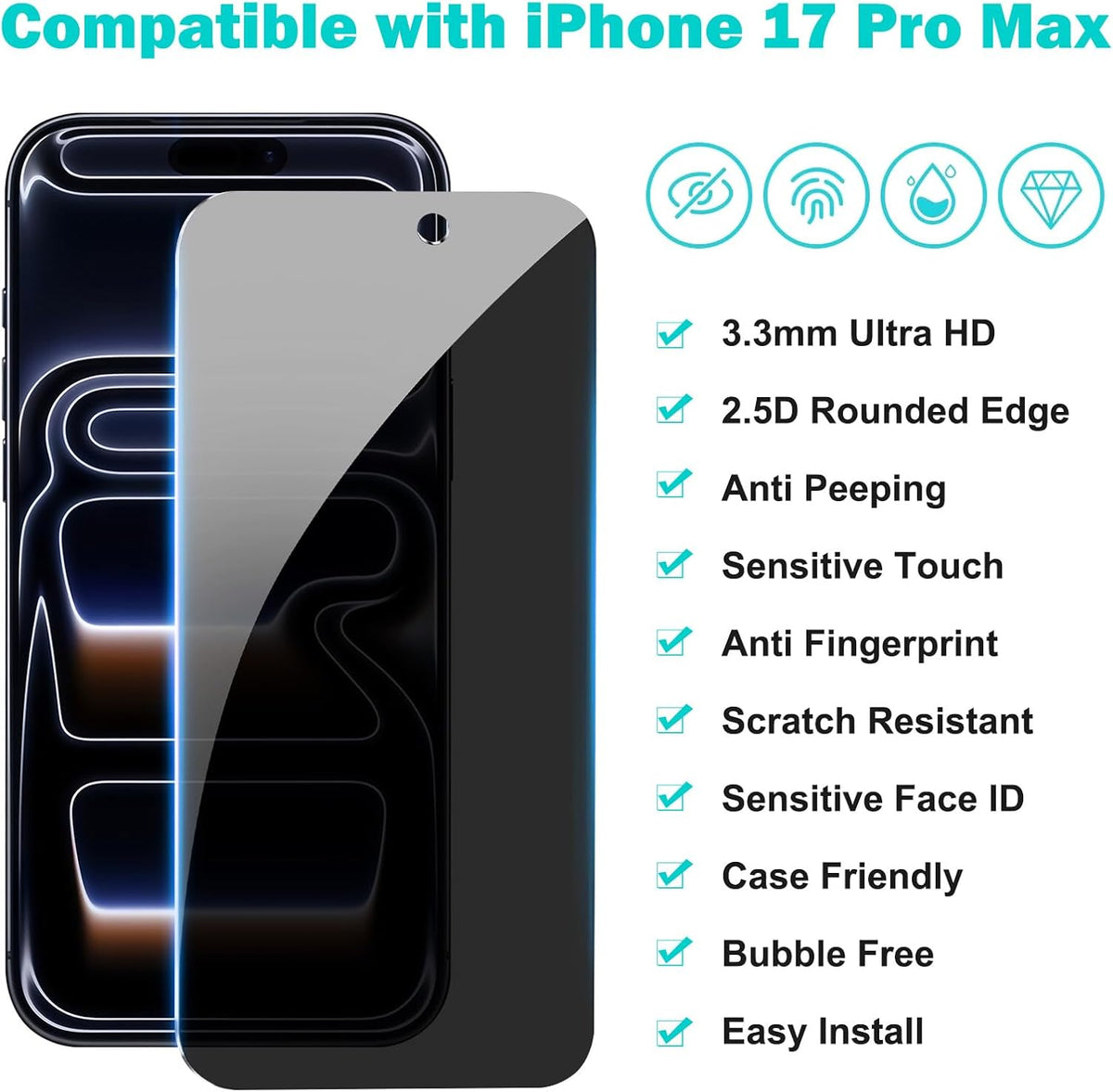 PEHAEL for iPhone 17 Pro Max Privacy Screen Protector+Camera Lens Protector | 3+3 Pack, Installation Frame, Cleaning kits, Anti-Spy Private, Anti-Scratch, 9H Tempered Glass, Case Friendly, [6.9 inch]