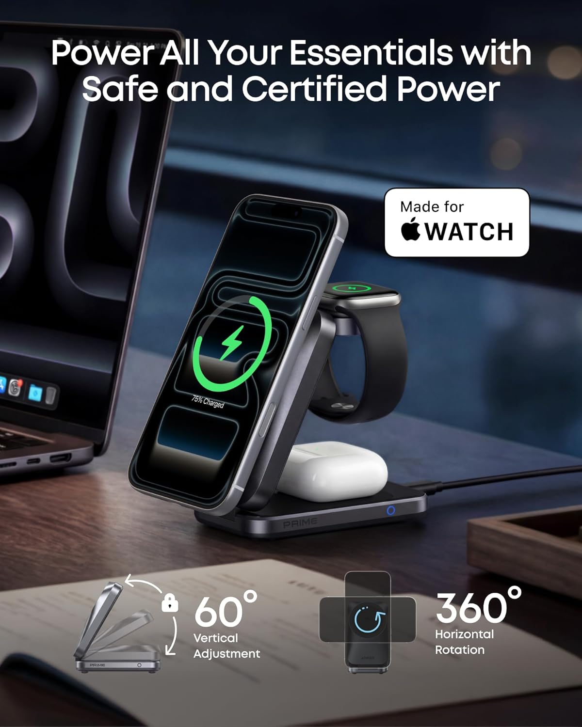 Anker Prime 25W Qi2.2-Certified Palm-Sized 3-in-1 Foldable MagSafe Charger | Travel-Ready Charging Station, AirCool Wireless Charger for iPhone 17, Apple Watch, AirPods (Adapter Included, Non-Battery)