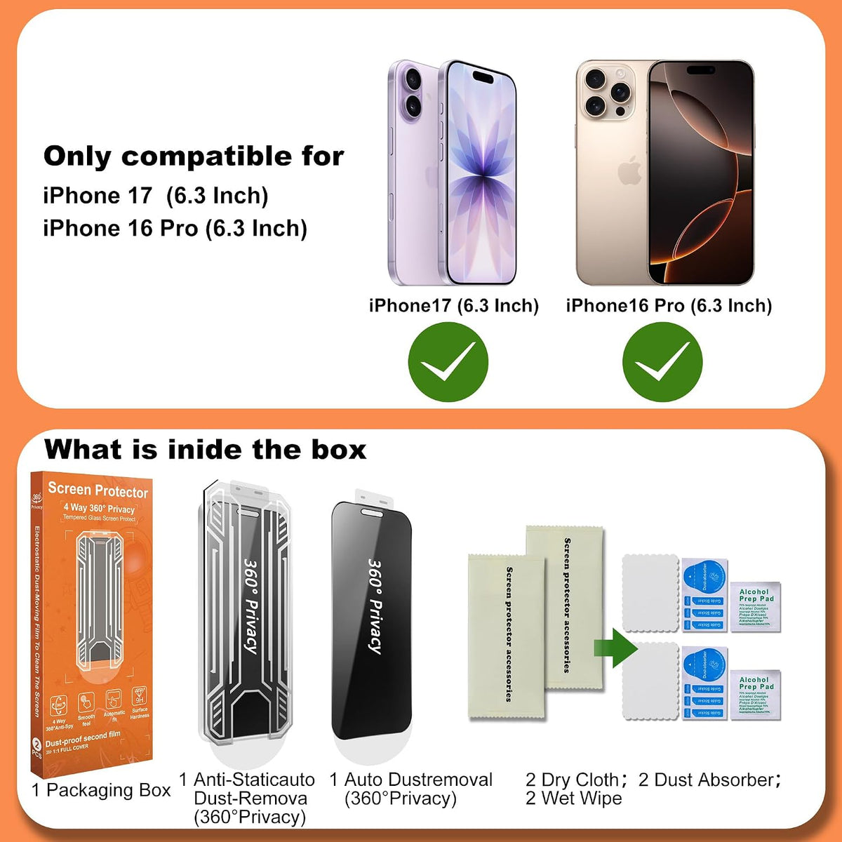 360° 4 Way Privacy Screen Protector for iPhone 17 / iPhone 16 Pro [2 Pack], Anti-Spy Tempered Glass, 9H Hardness Shatterproof, 3D Curved Edges, Case-Friendly, Bubble-Free Easy Installation