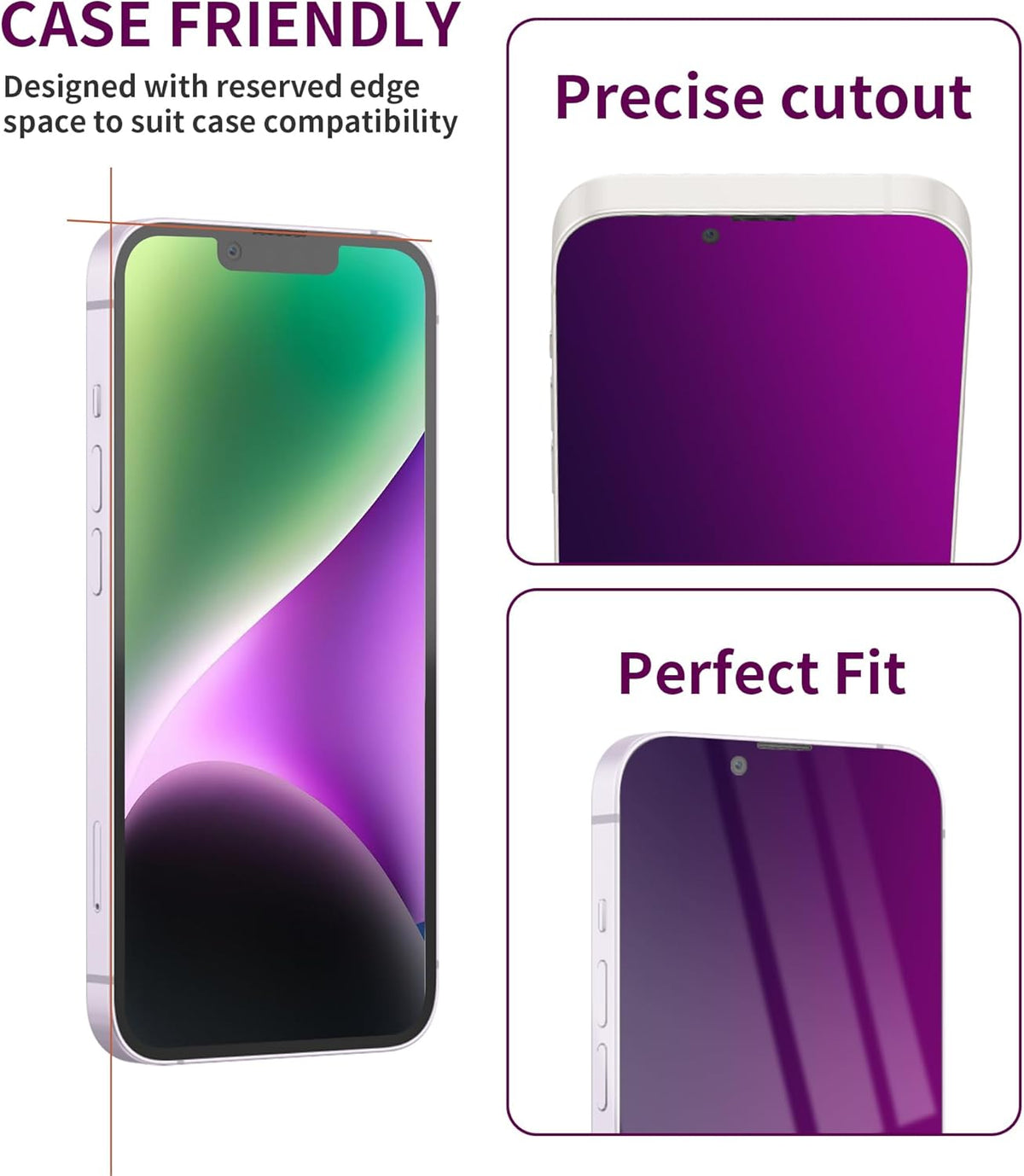 2 Pack Privacy Screen Protector for iPhone 14/13 Pro/13 Tempered Glass 6.1inch Private Saver Purple Anti-Spy Anti-Blue Light Anti-Scratch Full Coverage